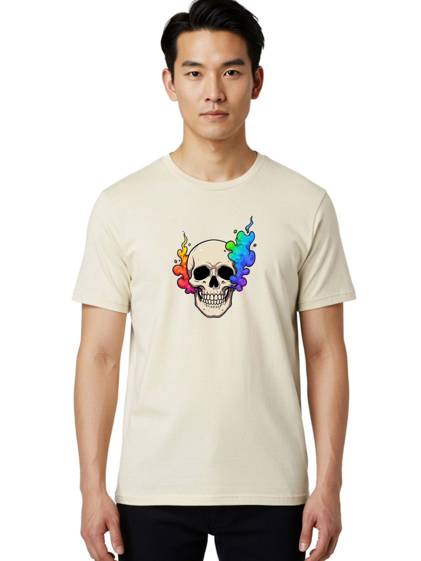 Skull-With-Smoke Men'S Graphic Tee, 100% Cotton, Comfortable Casual Summer Wear, Machine Washable, Cartoon Skull, Rainbow Smoke, Colorful Illustration, Vibrant Art, Edgy Design, Grunge Style, Street Art, Graphic Design, Skull Art, Bad620 16
