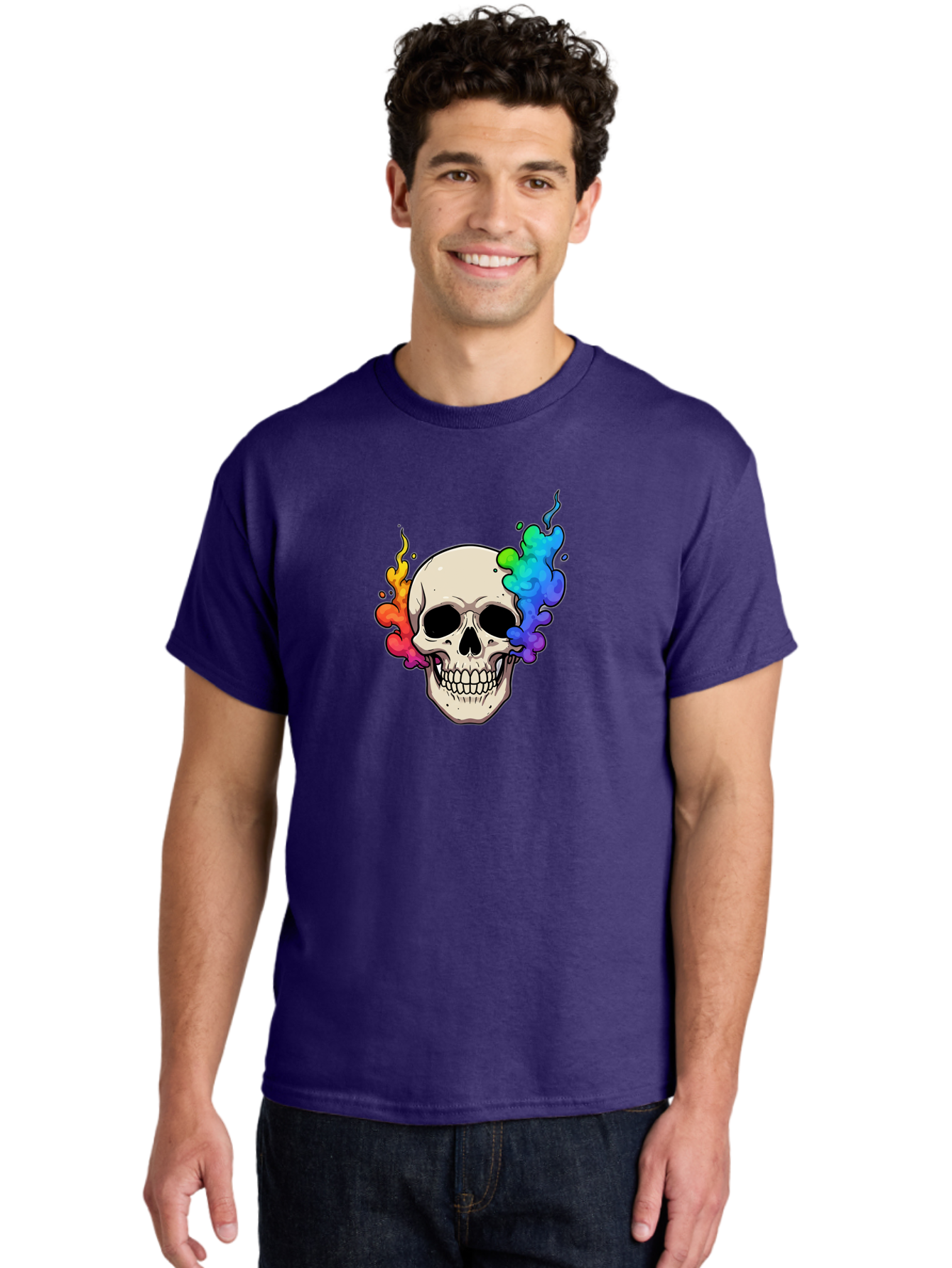 Skull-With-Smoke Men'S Graphic Tee, 100% Cotton, Comfortable Casual Summer Wear, Machine Washable, Cartoon Skull, Rainbow Smoke, Colorful Illustration, Vibrant Art, Edgy Design, Grunge Style, Street Art, Graphic Design, Skull Art, Bad620 24
