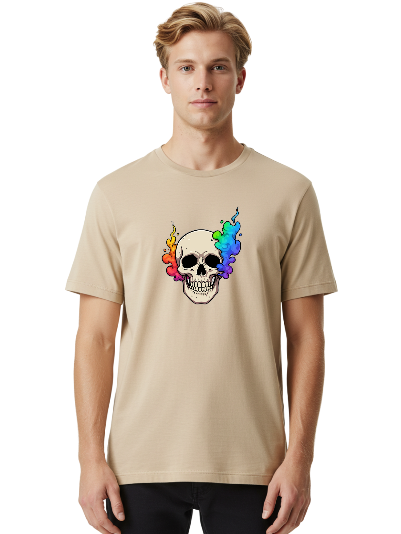 Skull-With-Smoke Men'S Graphic Tee, 100% Cotton, Comfortable Casual Summer Wear, Machine Washable, Cartoon Skull, Rainbow Smoke, Colorful Illustration, Vibrant Art, Edgy Design, Grunge Style, Street Art, Graphic Design, Skull Art, Bad620 19