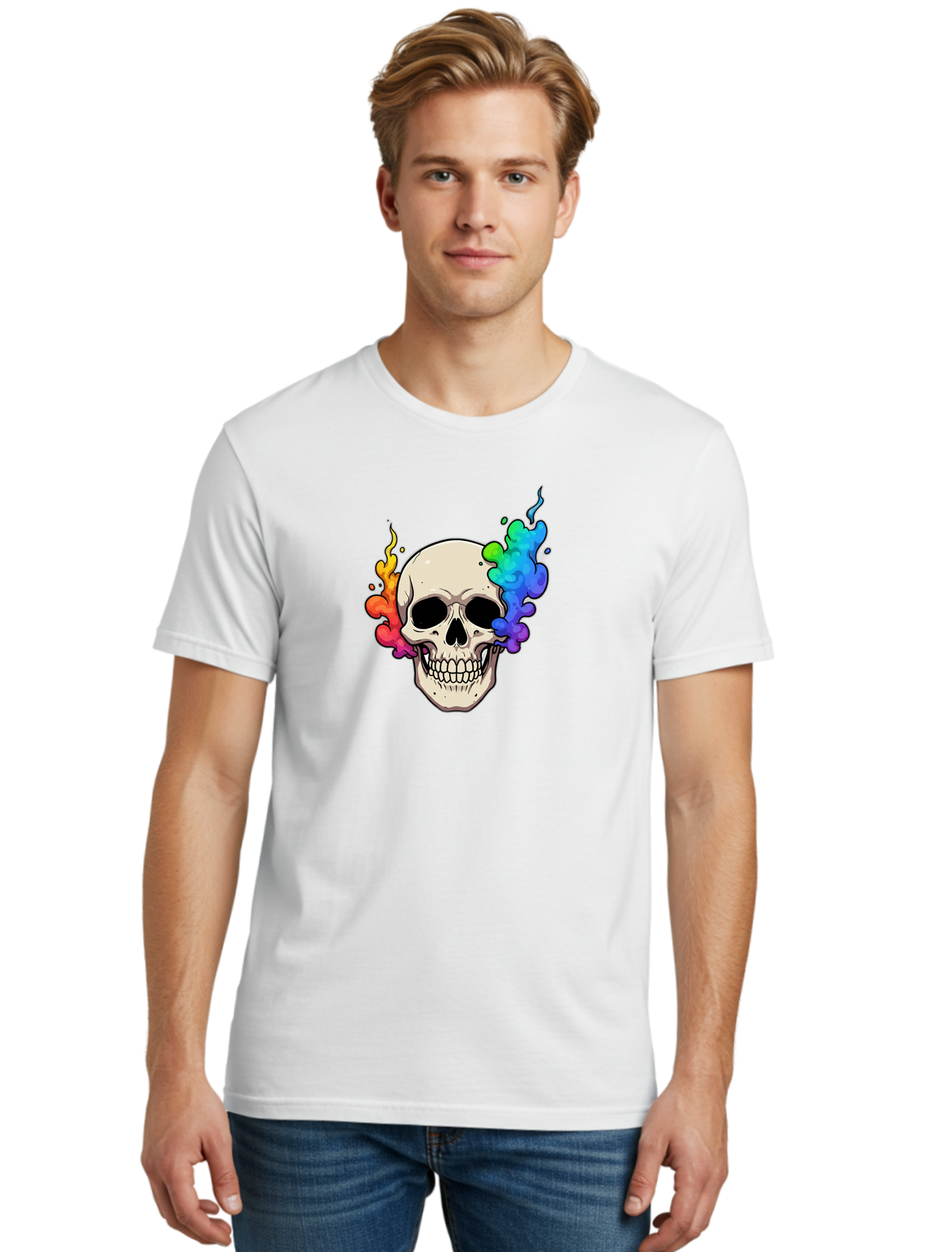 Skull-With-Smoke Men'S Graphic Tee, 100% Cotton, Comfortable Casual Summer Wear, Machine Washable, Cartoon Skull, Rainbow Smoke, Colorful Illustration, Vibrant Art, Edgy Design, Grunge Style, Street Art, Graphic Design, Skull Art, Bad620 26
