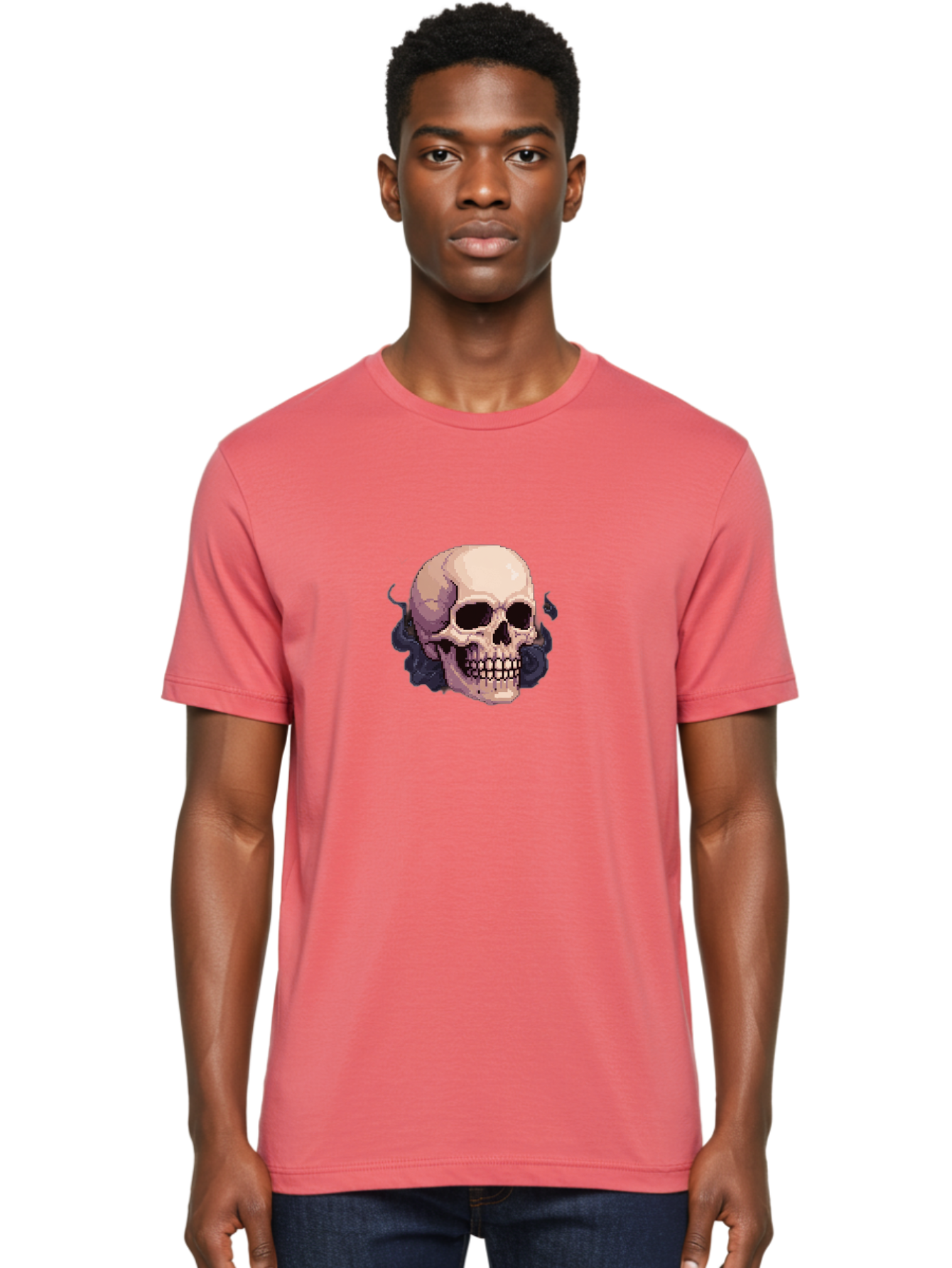 Skull-With-Tentacles Men'S Graphic Tee, 100% Cotton, Comfortable Casual Summer Wear, Machine Washable, Pixel Art Skull, Human Skull, Smoke Effects, Dark Magic, Mysterious, Gothic Style, Spooky Atmosphere, Eerie, Halloween Theme Bad621 28