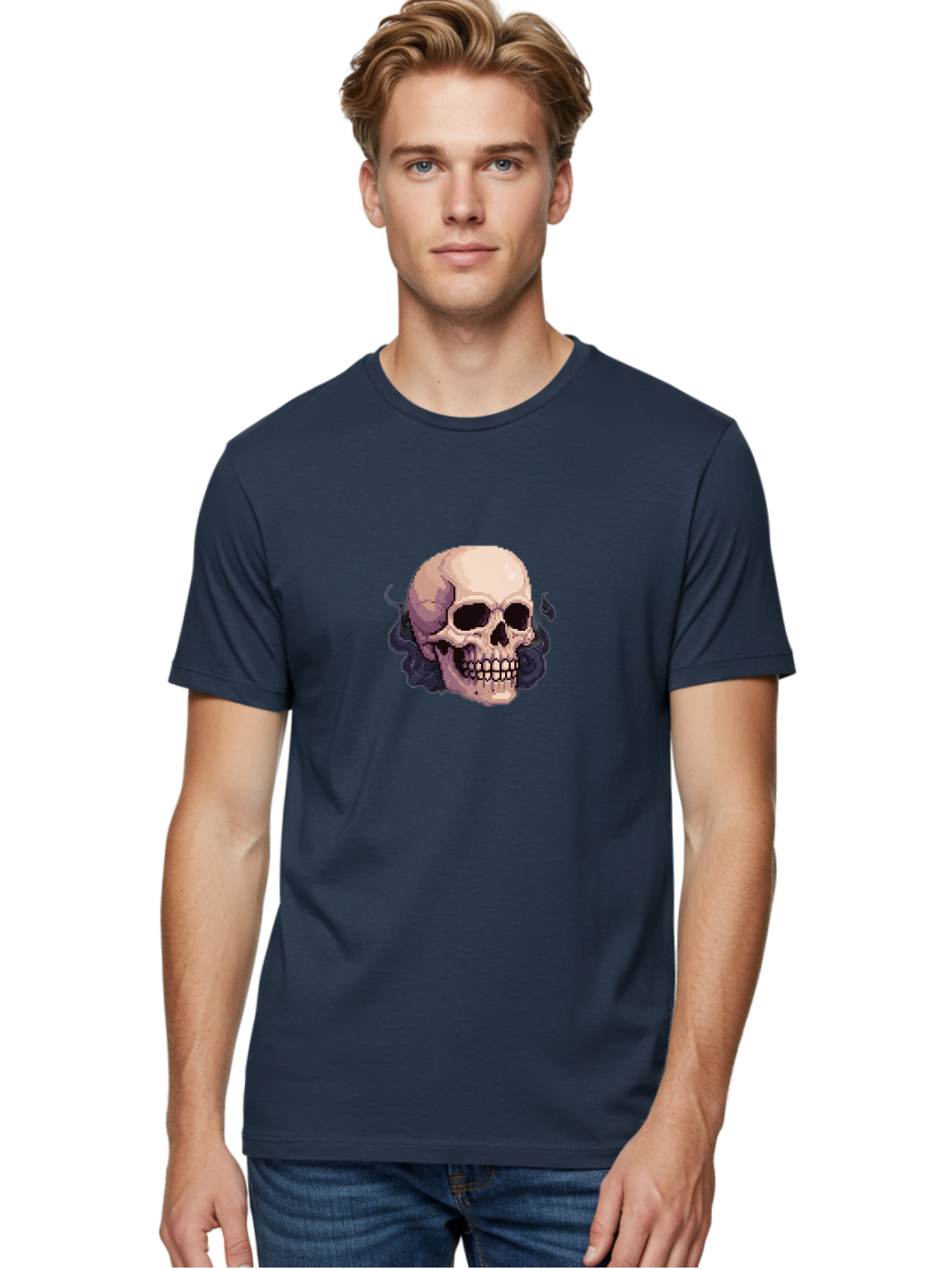 Skull-With-Tentacles Men'S Graphic Tee, 100% Cotton, Comfortable Casual Summer Wear, Machine Washable, Pixel Art Skull, Human Skull, Smoke Effects, Dark Magic, Mysterious, Gothic Style, Spooky Atmosphere, Eerie, Halloween Theme Bad621 24