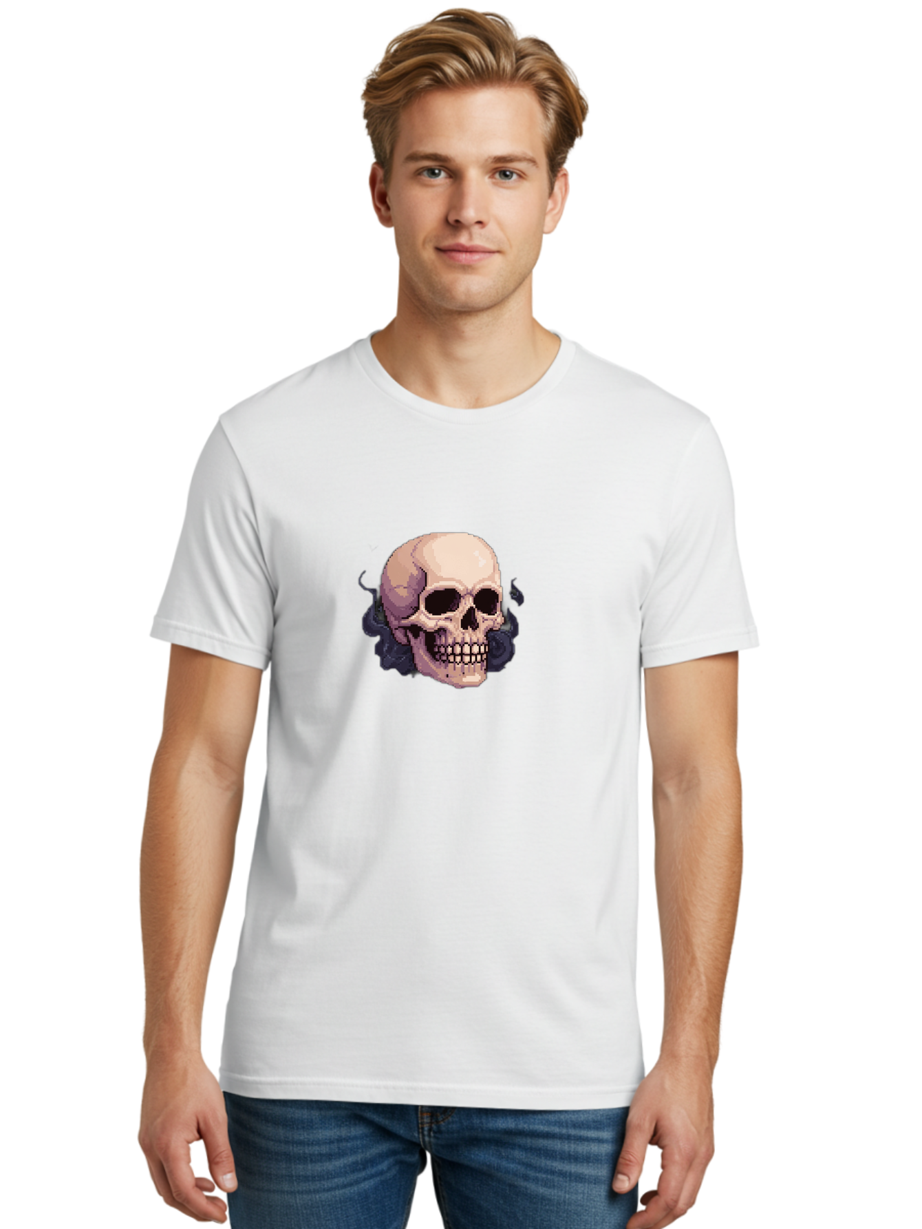Skull-With-Tentacles Men'S Graphic Tee, 100% Cotton, Comfortable Casual Summer Wear, Machine Washable, Pixel Art Skull, Human Skull, Smoke Effects, Dark Magic, Mysterious, Gothic Style, Spooky Atmosphere, Eerie, Halloween Theme Bad621 25