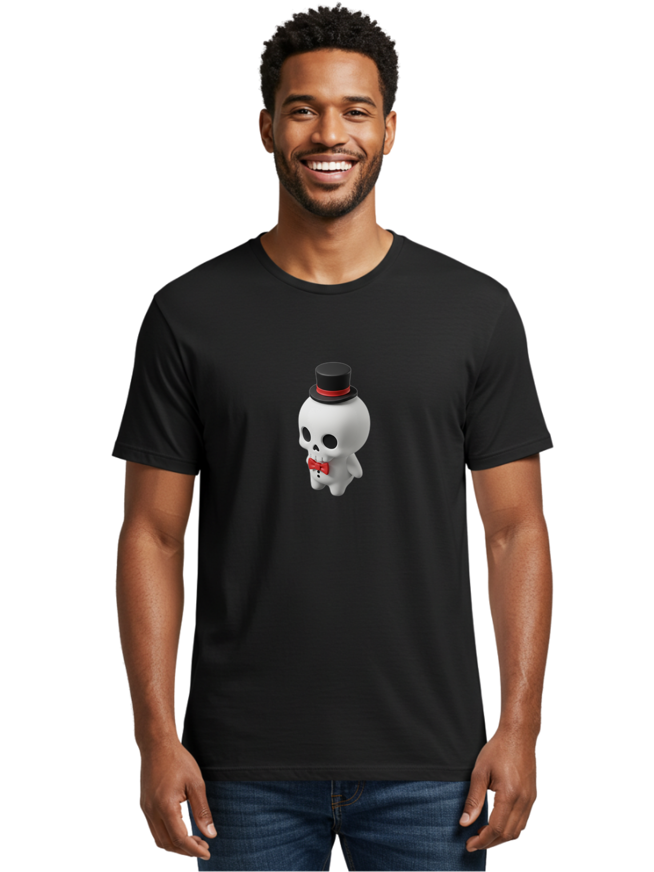 Skull-With-Top-Hat-1 Men'S Graphic Tee, 100% Cotton, Comfortable Casual Summer Wear, Machine Washable, Cartoon Skull, Top Hat, Red Bow Tie, Black Hatband, 3D Illustration, Gothic Style, Skull Character, Fashion Accessories, Stylish Skeleton Bad622 22