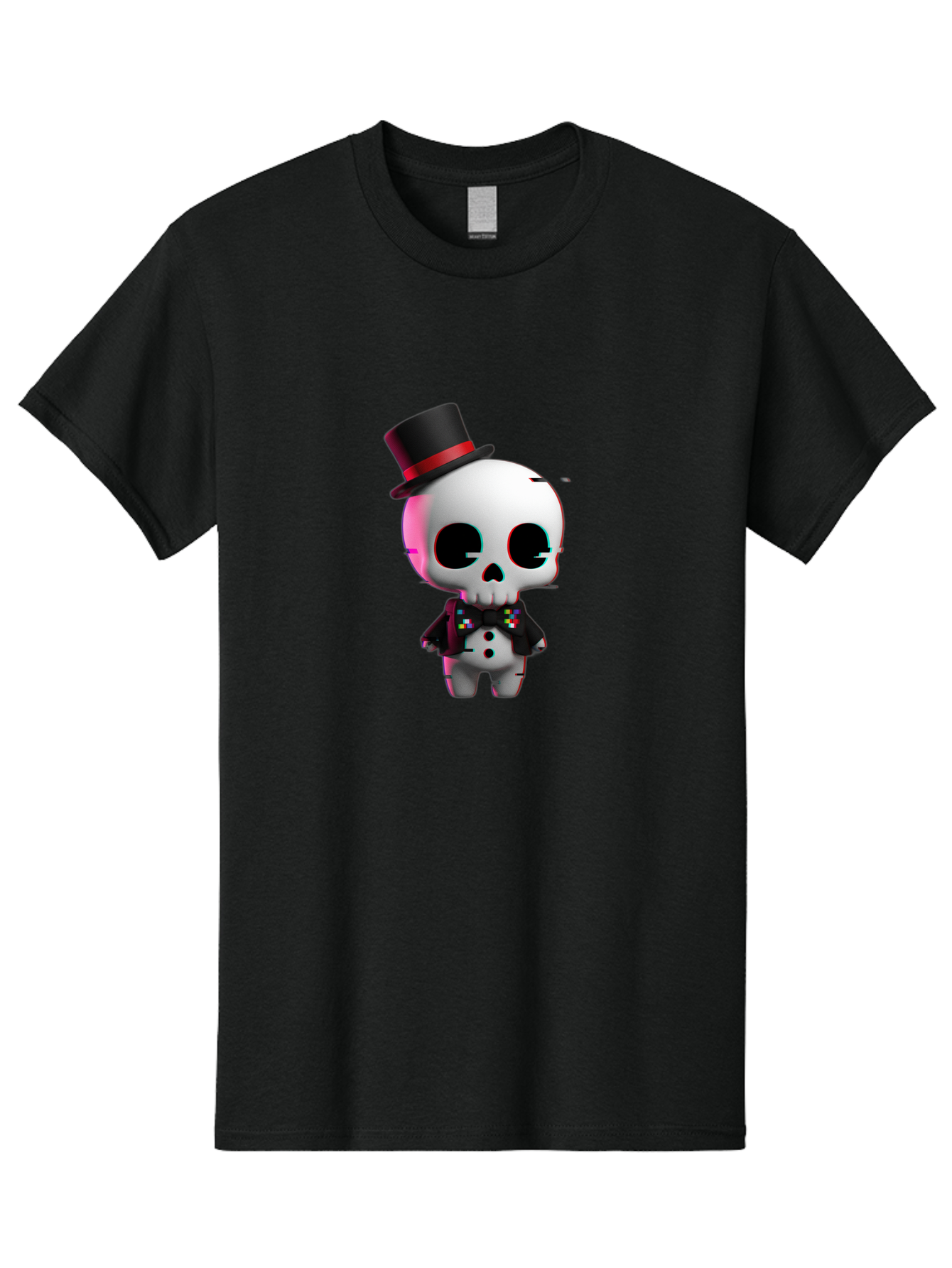 Skull-With-Top-Hat-And-Bow-Tie-1 Men'S Graphic Tee, 100% Cotton, Comfortable Casual Summer Wear, Machine Washable, 3D Rendered Skull, Top Hat And Bow Tie, Gothic Style, Digital Art, Skeleton Character, Colorful Bow Tie, Black Hat, Spooky Chic, Bad623 1