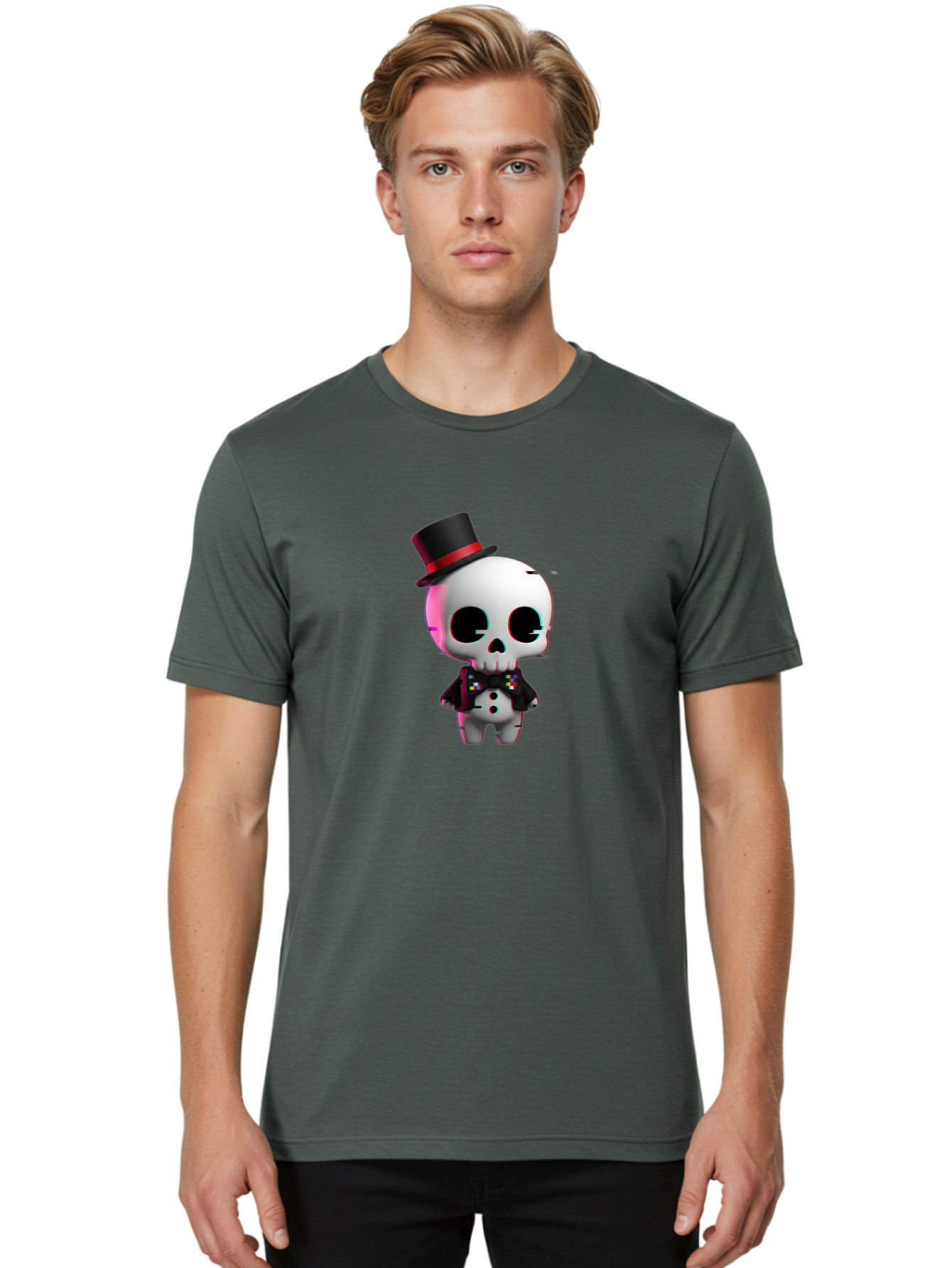 Skull-With-Top-Hat-And-Bow-Tie-1 Men'S Graphic Tee, 100% Cotton, Comfortable Casual Summer Wear, Machine Washable, 3D Rendered Skull, Top Hat And Bow Tie, Gothic Style, Digital Art, Skeleton Character, Colorful Bow Tie, Black Hat, Spooky Chic, Bad623 30