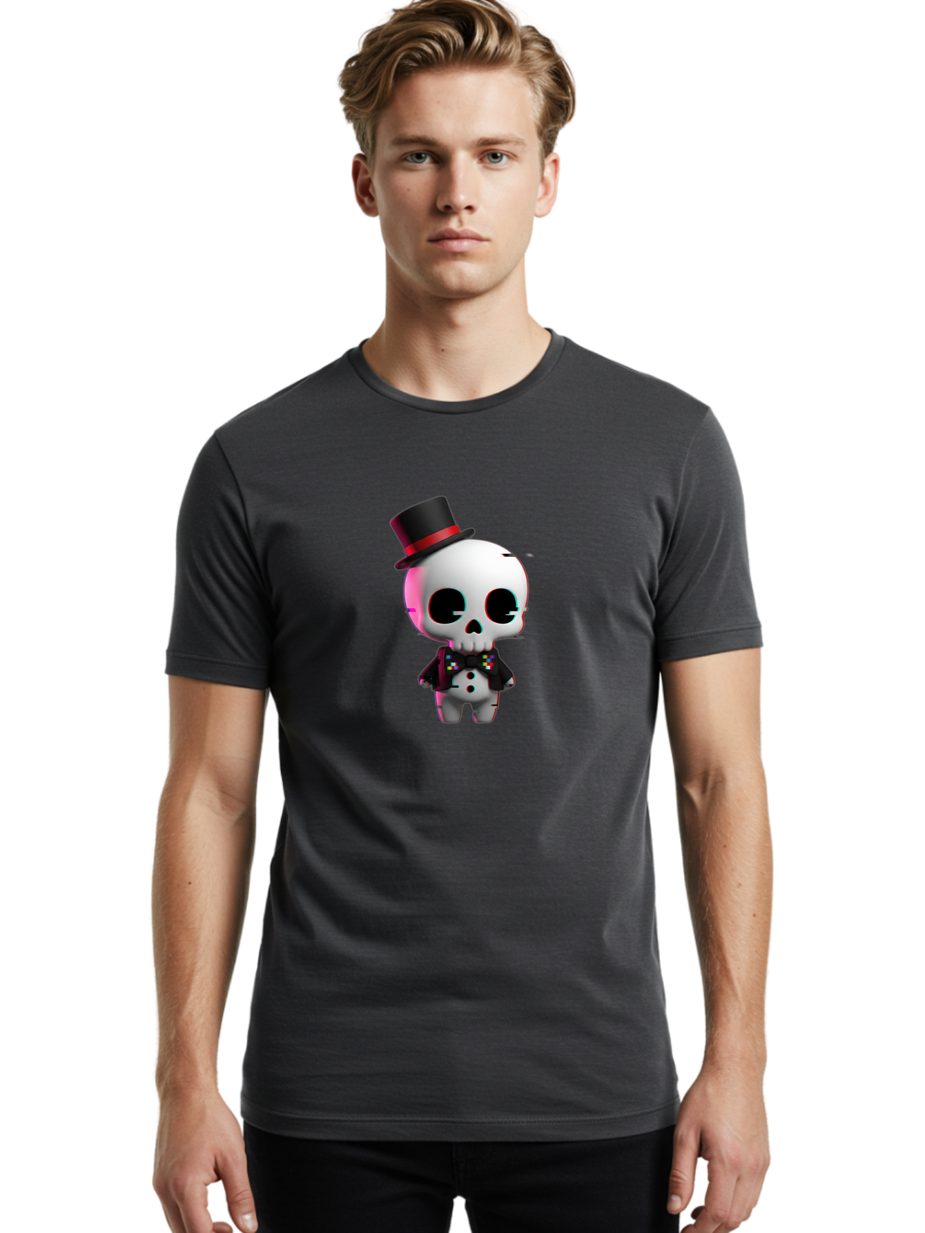 Skull-With-Top-Hat-And-Bow-Tie-1 Men'S Graphic Tee, 100% Cotton, Comfortable Casual Summer Wear, Machine Washable, 3D Rendered Skull, Top Hat And Bow Tie, Gothic Style, Digital Art, Skeleton Character, Colorful Bow Tie, Black Hat, Spooky Chic, Bad623 25