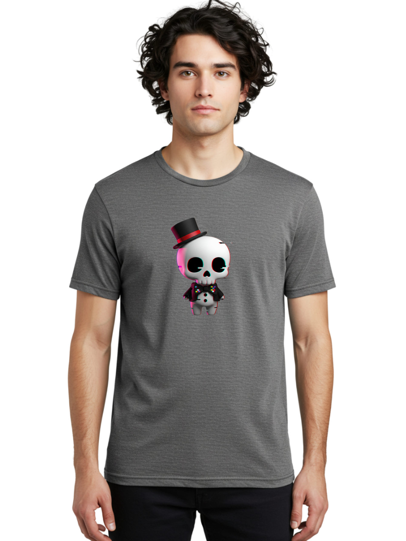 Skull-With-Top-Hat-And-Bow-Tie-1 Men'S Graphic Tee, 100% Cotton, Comfortable Casual Summer Wear, Machine Washable, 3D Rendered Skull, Top Hat And Bow Tie, Gothic Style, Digital Art, Skeleton Character, Colorful Bow Tie, Black Hat, Spooky Chic, Bad623 24