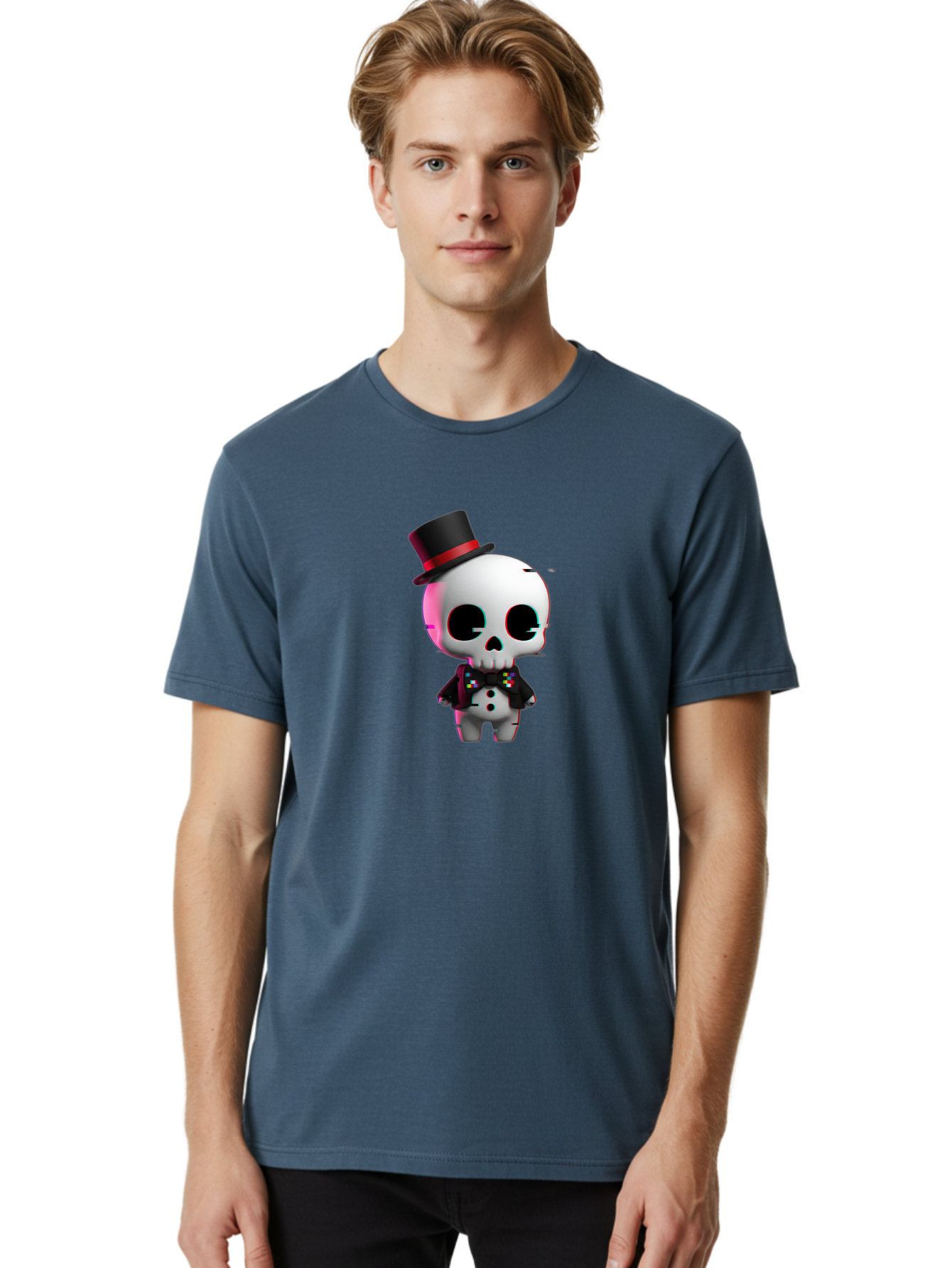 Skull-With-Top-Hat-And-Bow-Tie-1 Men'S Graphic Tee, 100% Cotton, Comfortable Casual Summer Wear, Machine Washable, 3D Rendered Skull, Top Hat And Bow Tie, Gothic Style, Digital Art, Skeleton Character, Colorful Bow Tie, Black Hat, Spooky Chic, Bad623 19
