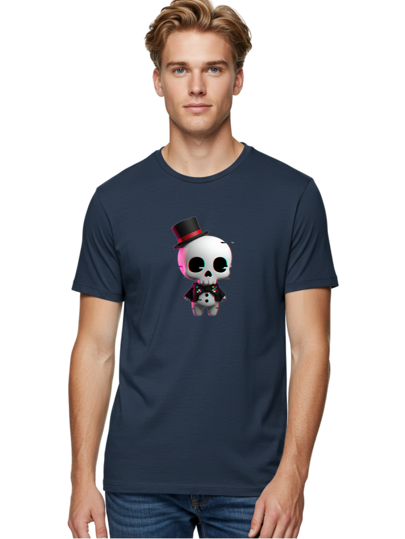 Skull-With-Top-Hat-And-Bow-Tie-1 Men'S Graphic Tee, 100% Cotton, Comfortable Casual Summer Wear, Machine Washable, 3D Rendered Skull, Top Hat And Bow Tie, Gothic Style, Digital Art, Skeleton Character, Colorful Bow Tie, Black Hat, Spooky Chic, Bad623 26