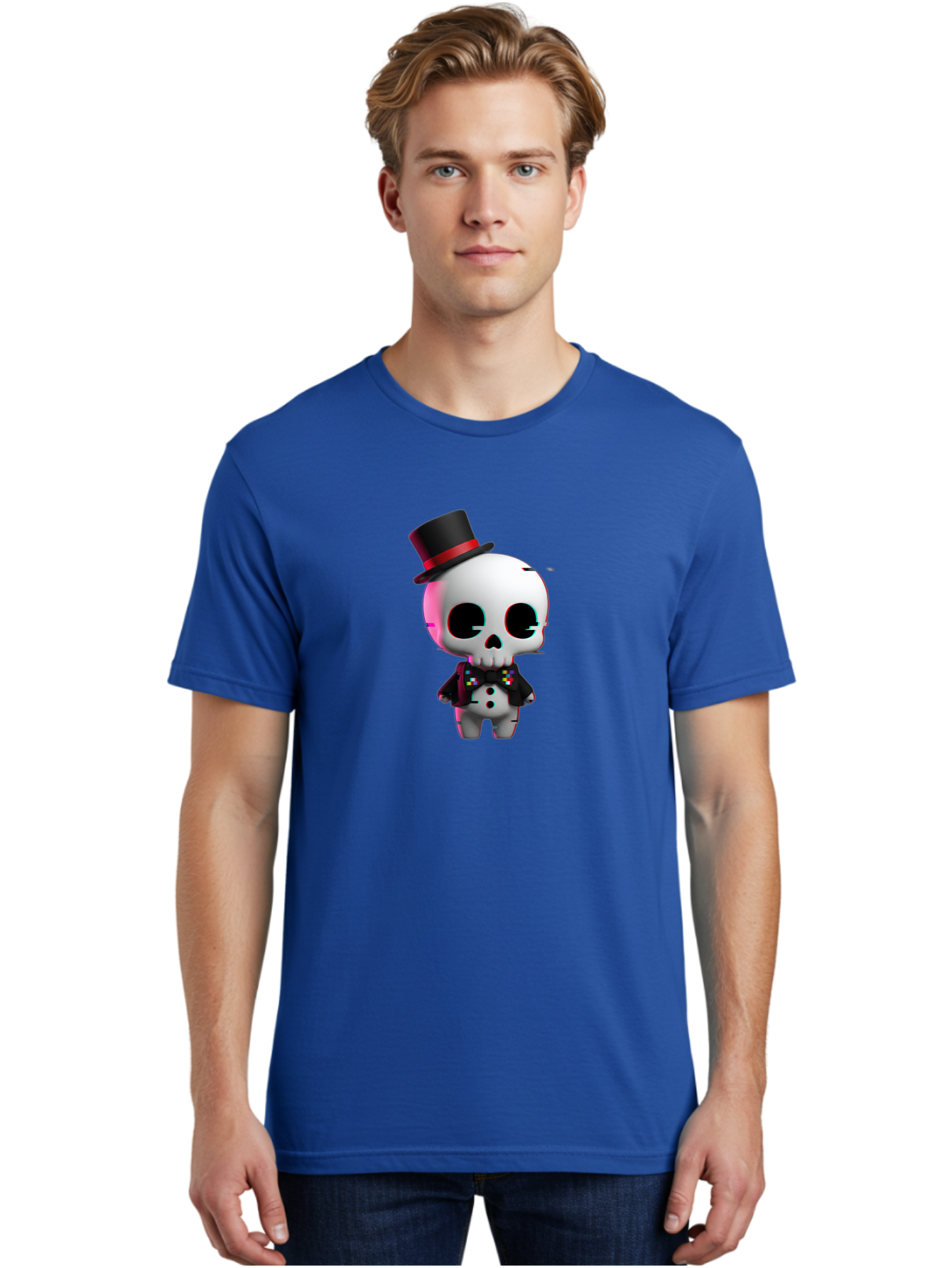 Skull-With-Top-Hat-And-Bow-Tie-1 Men'S Graphic Tee, 100% Cotton, Comfortable Casual Summer Wear, Machine Washable, 3D Rendered Skull, Top Hat And Bow Tie, Gothic Style, Digital Art, Skeleton Character, Colorful Bow Tie, Black Hat, Spooky Chic, Bad623 28