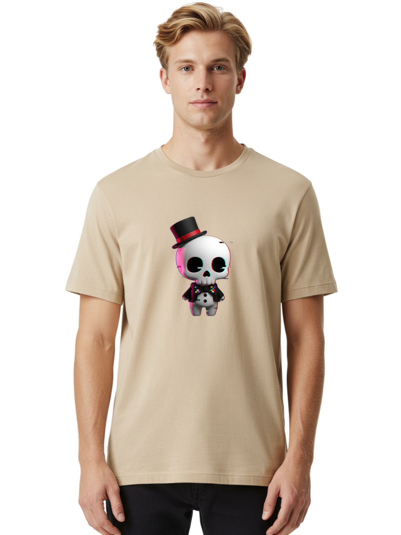 Skull-With-Top-Hat-And-Bow-Tie-1 Men'S Graphic Tee, 100% Cotton, Comfortable Casual Summer Wear, Machine Washable, 3D Rendered Skull, Top Hat And Bow Tie, Gothic Style, Digital Art, Skeleton Character, Colorful Bow Tie, Black Hat, Spooky Chic, Bad623 29