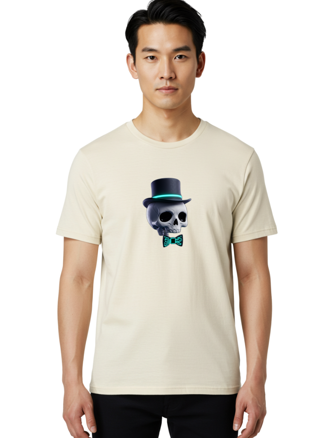 Skull-With-Top-Hat-And-Bow-Tie-2 Men'S Graphic Tee, 100% Cotton, Comfortable Casual Summer Wear, Machine Washable, Skull With Top Hat, Cyberpunk Style, Futuristic, Circuit Board, Bow Tie, Glowing Neon, Tech-Inspired Art, Gothic Chic, Bad624 28