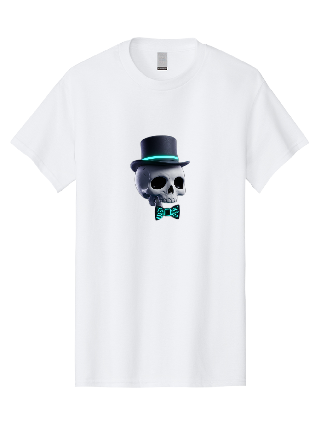Skull-With-Top-Hat-And-Bow-Tie-2 Men'S Graphic Tee, 100% Cotton, Comfortable Casual Summer Wear, Machine Washable, Skull With Top Hat, Cyberpunk Style, Futuristic, Circuit Board, Bow Tie, Glowing Neon, Tech-Inspired Art, Gothic Chic, Bad624 4