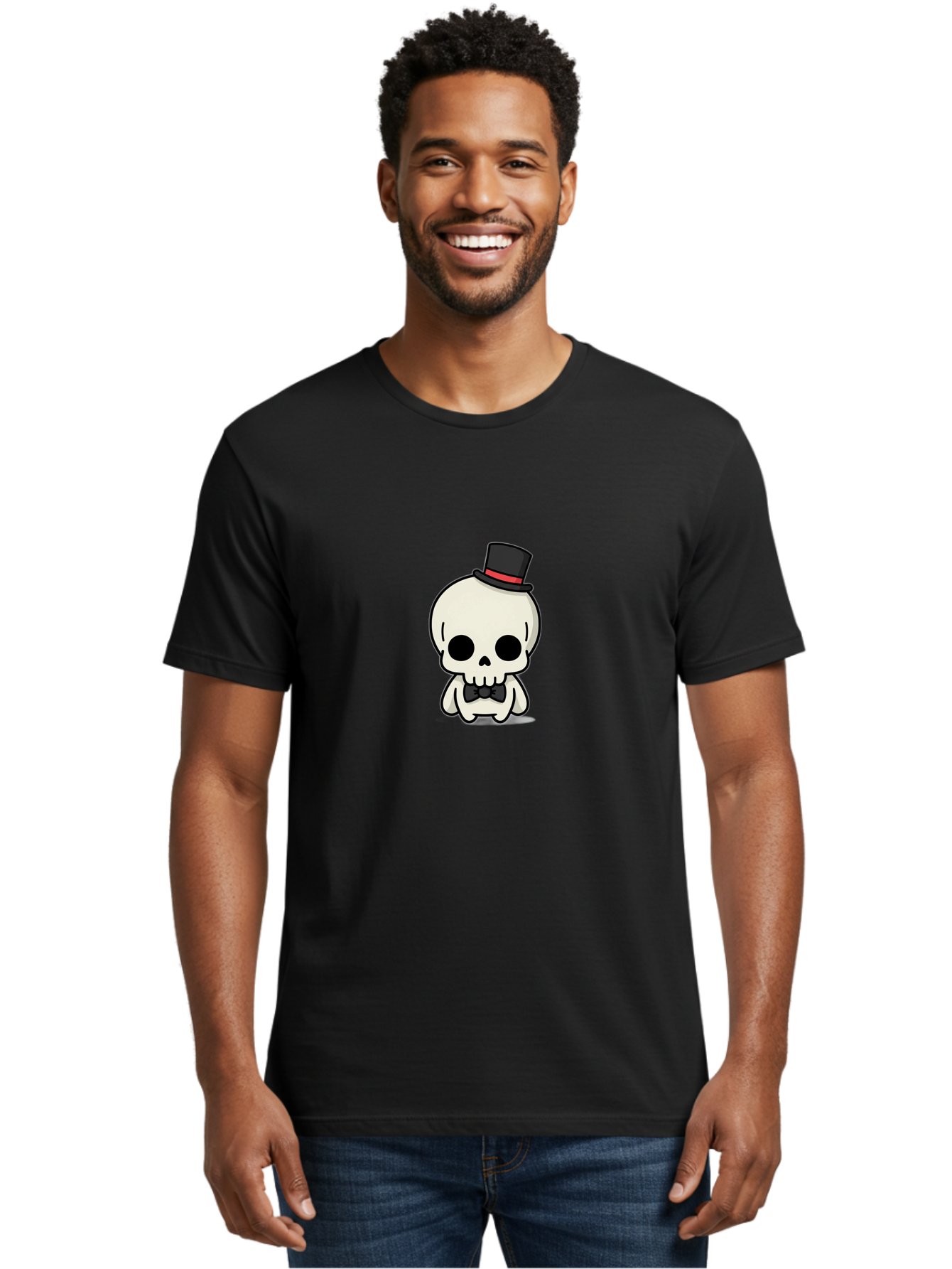 Skull-With-Top-Hat-And-Bow-Tie Men'S Graphic Tee, 100% Cotton, Comfortable Casual Summer Wear, Machine Washable, Cartoon Skull, Top Hat, Black Bow Tie, Skeleton Character, Spooky Charm, Gothic Style, Red Ribbon, Cute Skeleton, Bad625 27