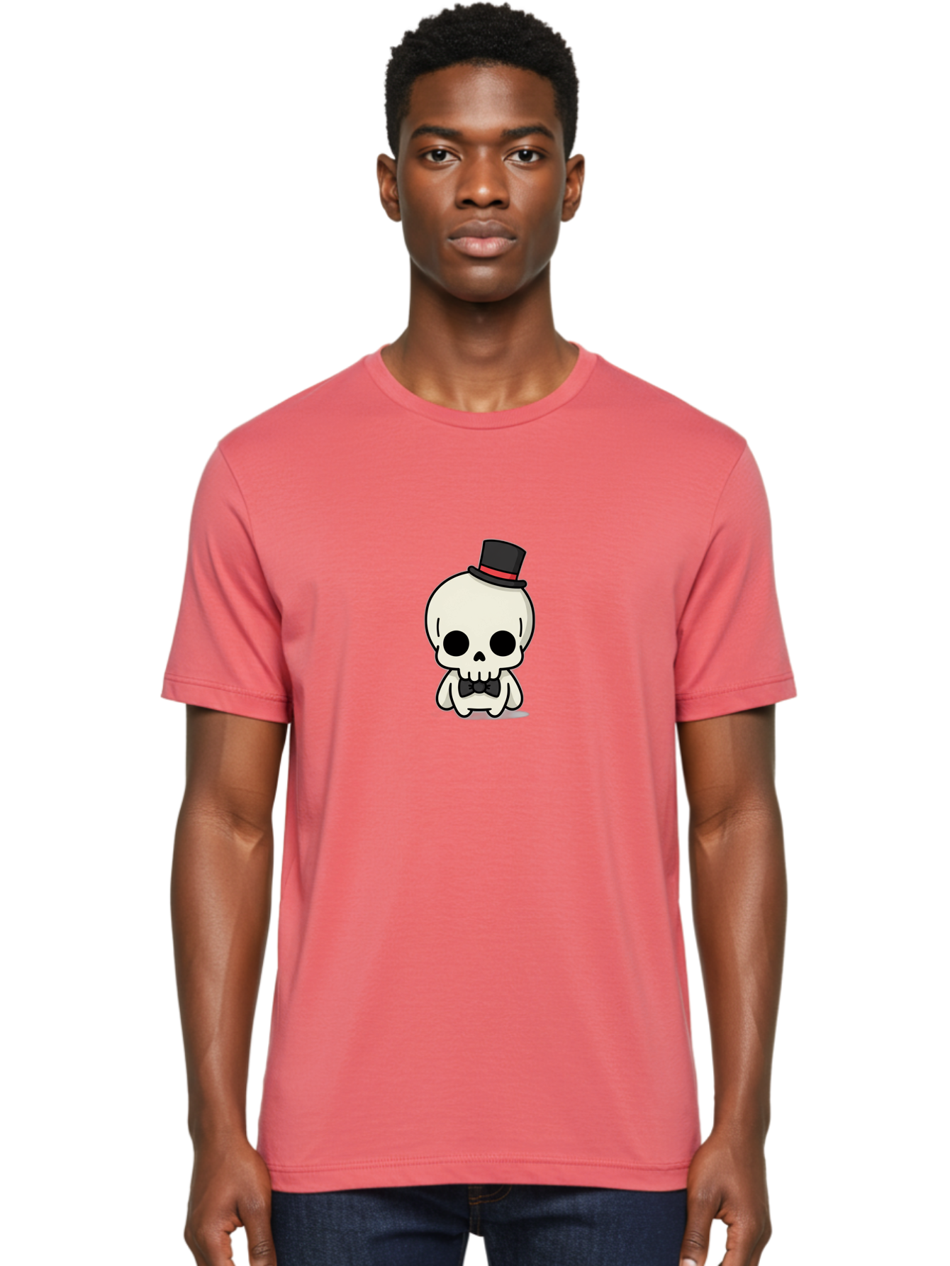 Skull-With-Top-Hat-And-Bow-Tie Men'S Graphic Tee, 100% Cotton, Comfortable Casual Summer Wear, Machine Washable, Cartoon Skull, Top Hat, Black Bow Tie, Skeleton Character, Spooky Charm, Gothic Style, Red Ribbon, Cute Skeleton, Bad625 21