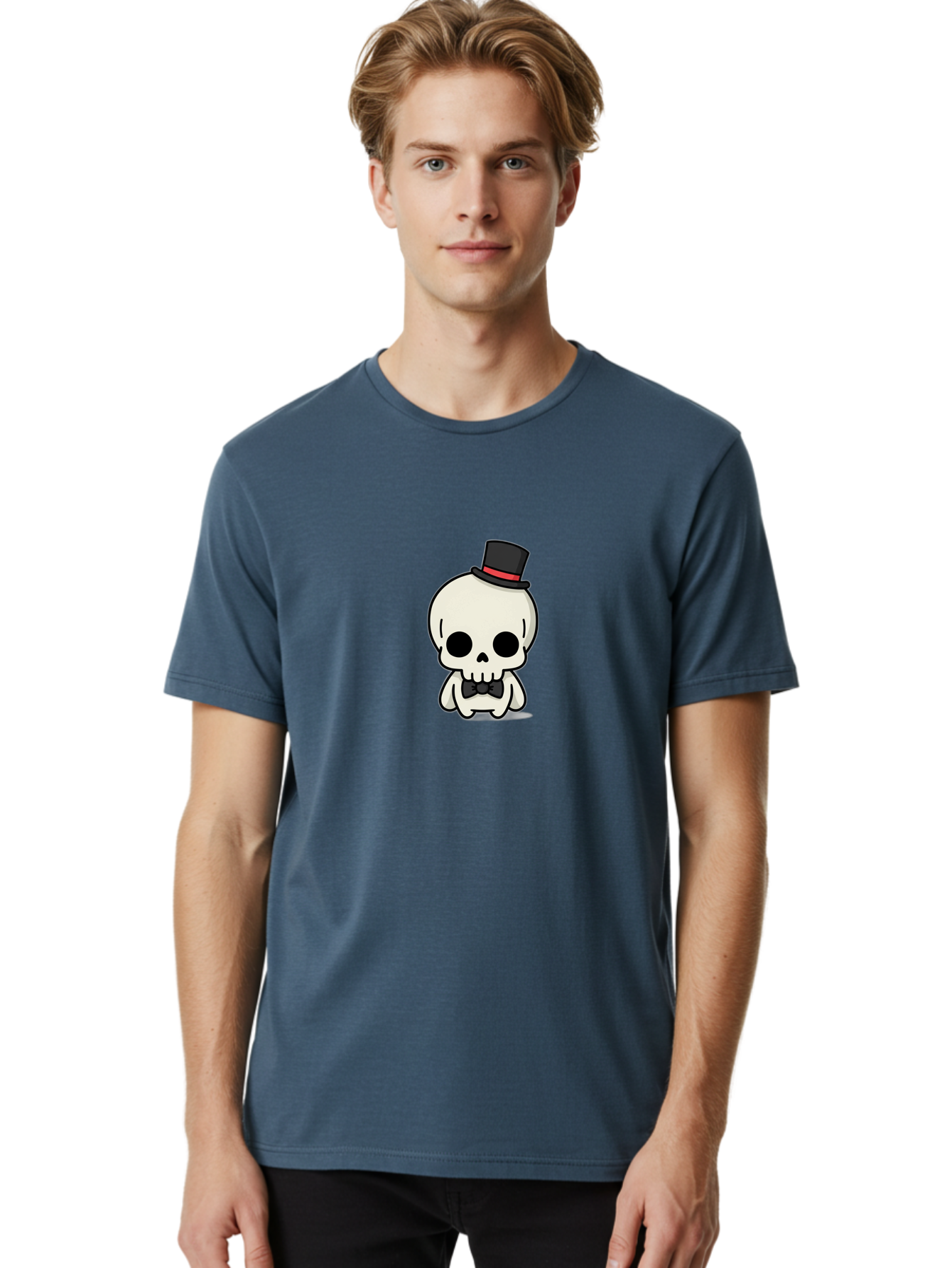 Skull-With-Top-Hat-And-Bow-Tie Men'S Graphic Tee, 100% Cotton, Comfortable Casual Summer Wear, Machine Washable, Cartoon Skull, Top Hat, Black Bow Tie, Skeleton Character, Spooky Charm, Gothic Style, Red Ribbon, Cute Skeleton, Bad625 28