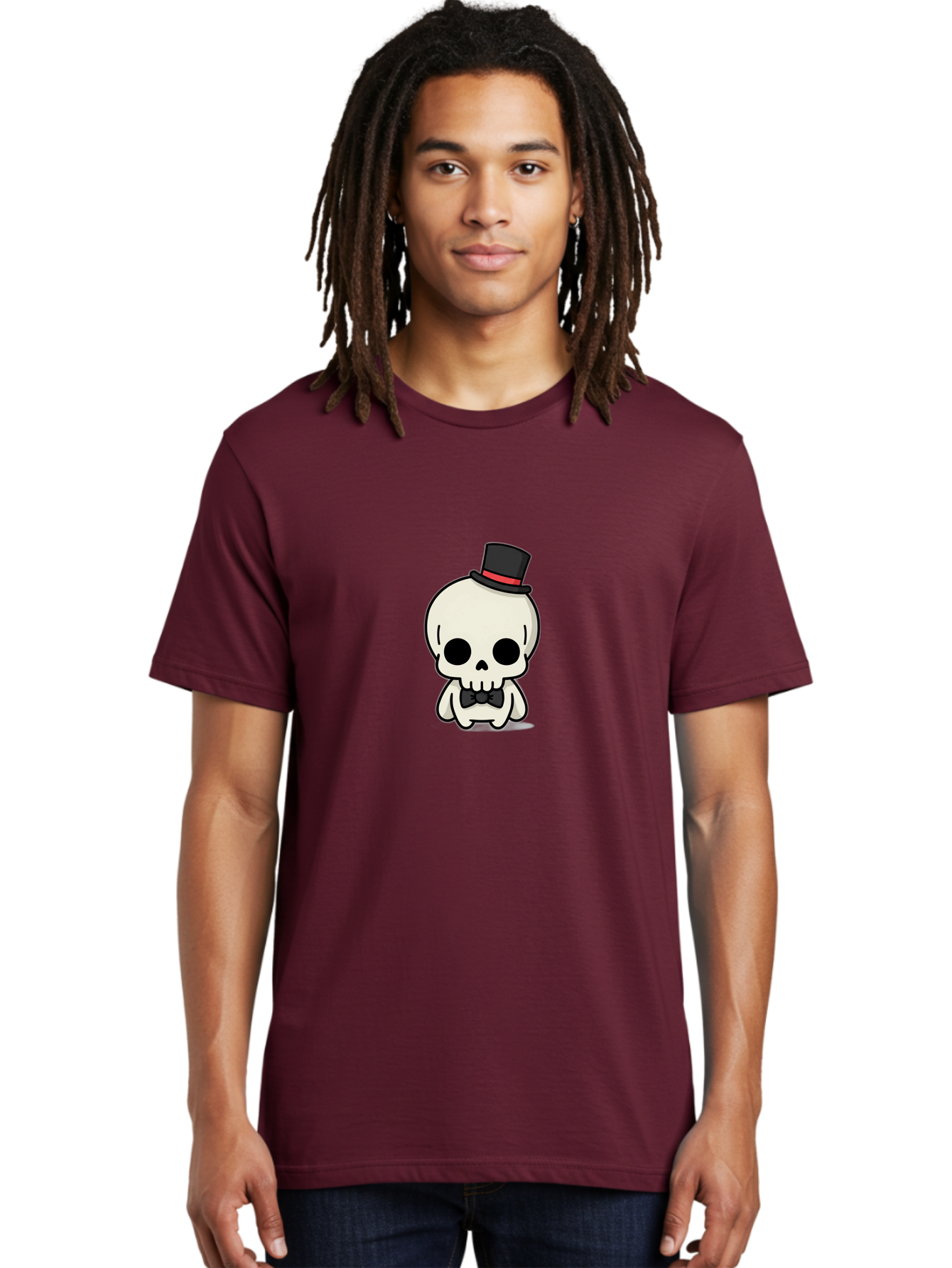 Skull-With-Top-Hat-And-Bow-Tie Men'S Graphic Tee, 100% Cotton, Comfortable Casual Summer Wear, Machine Washable, Cartoon Skull, Top Hat, Black Bow Tie, Skeleton Character, Spooky Charm, Gothic Style, Red Ribbon, Cute Skeleton, Bad625 16