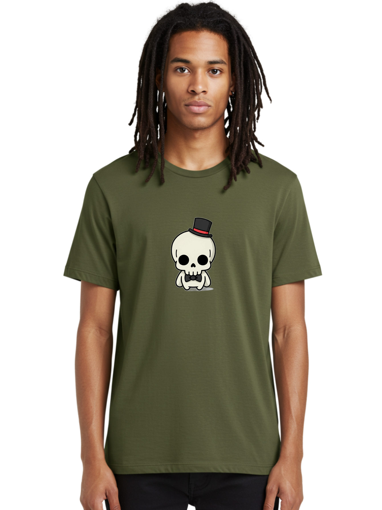 Skull-With-Top-Hat-And-Bow-Tie Men'S Graphic Tee, 100% Cotton, Comfortable Casual Summer Wear, Machine Washable, Cartoon Skull, Top Hat, Black Bow Tie, Skeleton Character, Spooky Charm, Gothic Style, Red Ribbon, Cute Skeleton, Bad625 30