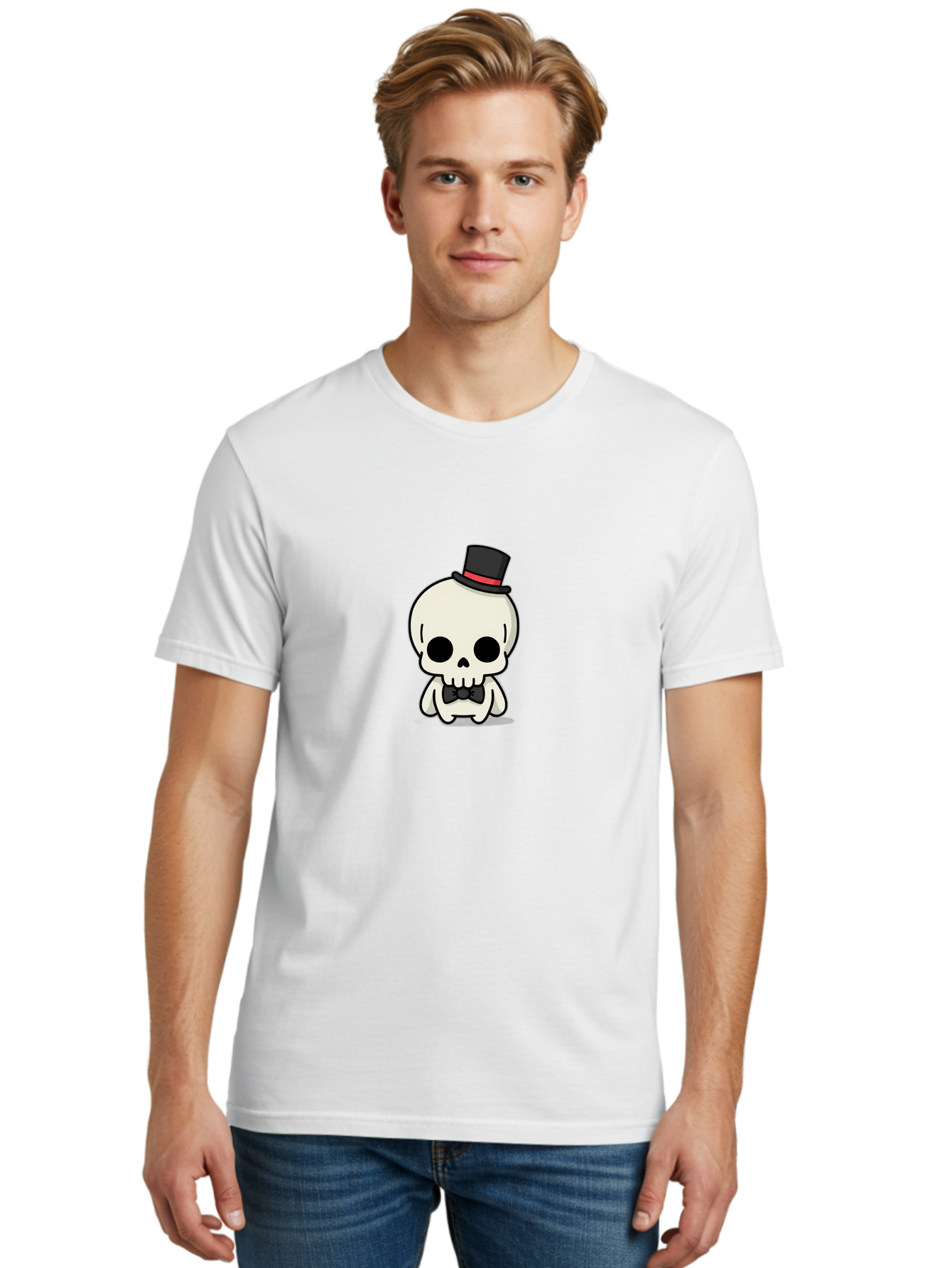 Skull-With-Top-Hat-And-Bow-Tie Men'S Graphic Tee, 100% Cotton, Comfortable Casual Summer Wear, Machine Washable, Cartoon Skull, Top Hat, Black Bow Tie, Skeleton Character, Spooky Charm, Gothic Style, Red Ribbon, Cute Skeleton, Bad625 20