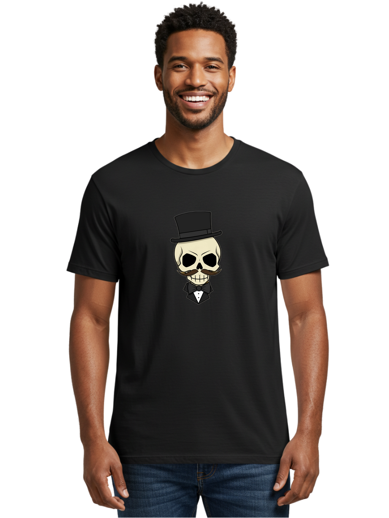 Skull-With-Top-Hat Men'S Graphic Tee, 100% Cotton, Comfortable Casual Summer Wear, Machine Washable, Human Skull With Hat And Mustache, Formal Attire, Bow Tie, Tuxedo, Gentlemanly Appearance, Refined Features, Elegant Design, Quirky Character Bad626 24