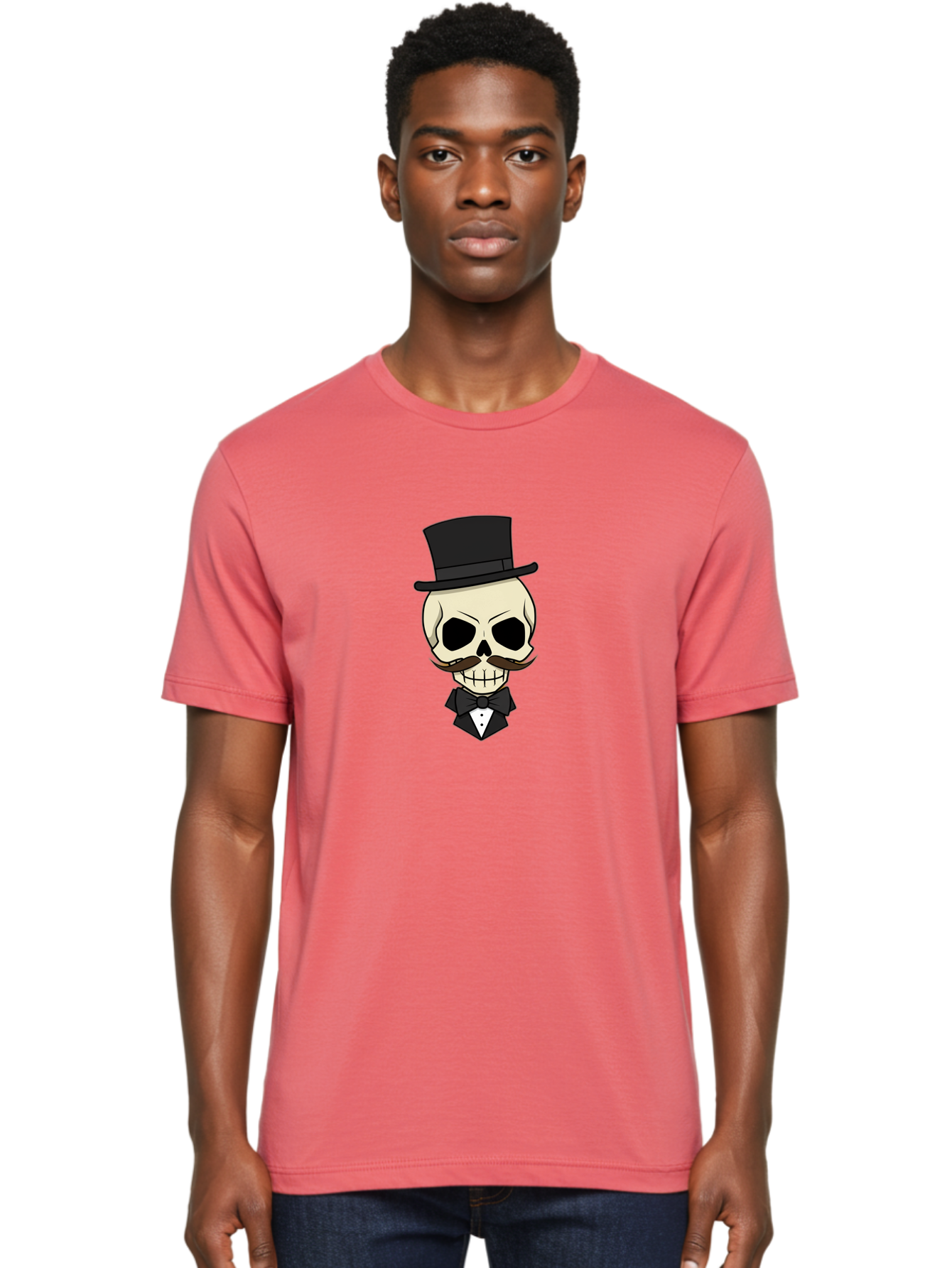 Skull-With-Top-Hat Men'S Graphic Tee, 100% Cotton, Comfortable Casual Summer Wear, Machine Washable, Human Skull With Hat And Mustache, Formal Attire, Bow Tie, Tuxedo, Gentlemanly Appearance, Refined Features, Elegant Design, Quirky Character Bad626 23