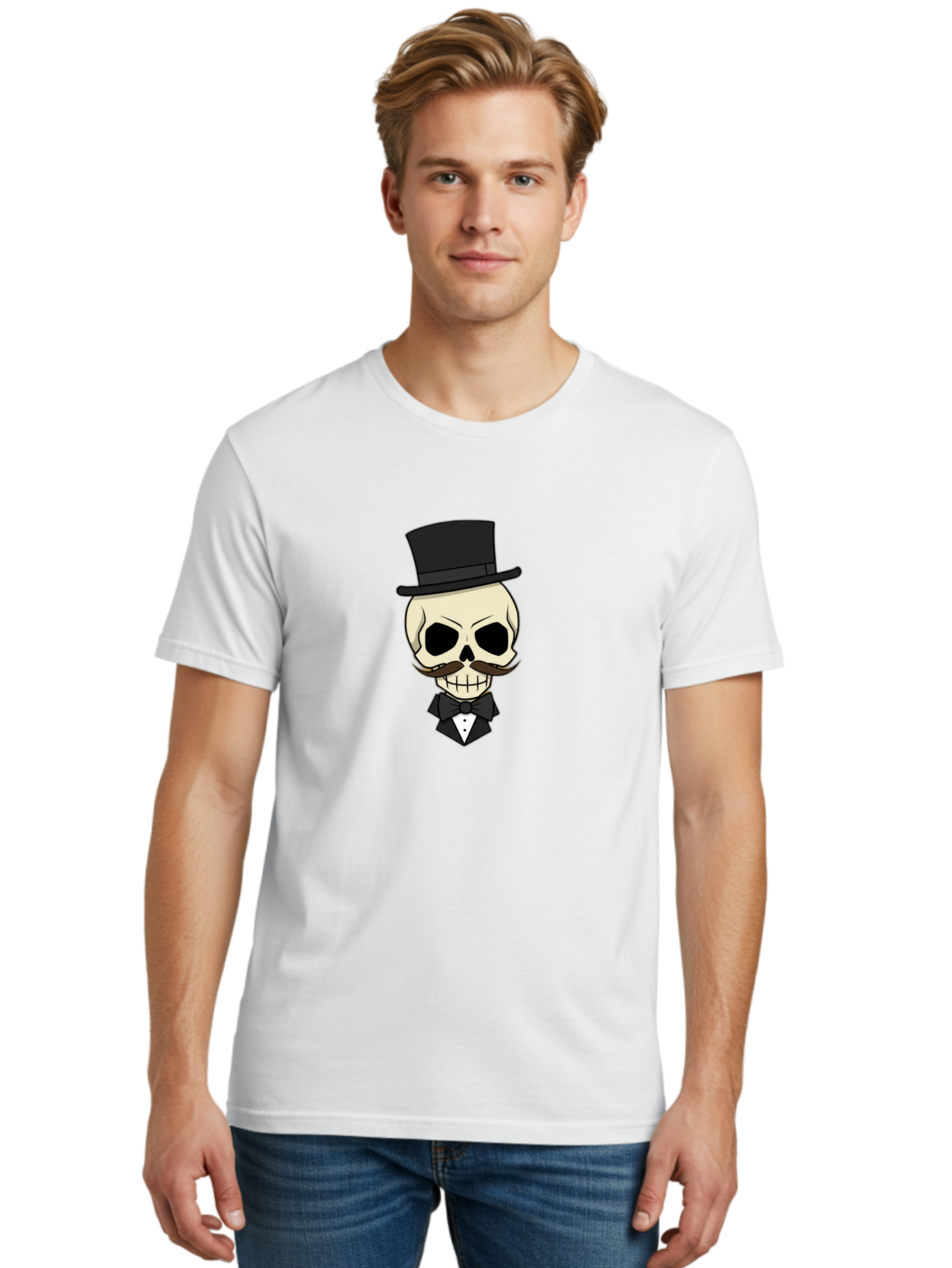 Skull-With-Top-Hat Men'S Graphic Tee, 100% Cotton, Comfortable Casual Summer Wear, Machine Washable, Human Skull With Hat And Mustache, Formal Attire, Bow Tie, Tuxedo, Gentlemanly Appearance, Refined Features, Elegant Design, Quirky Character Bad626 27