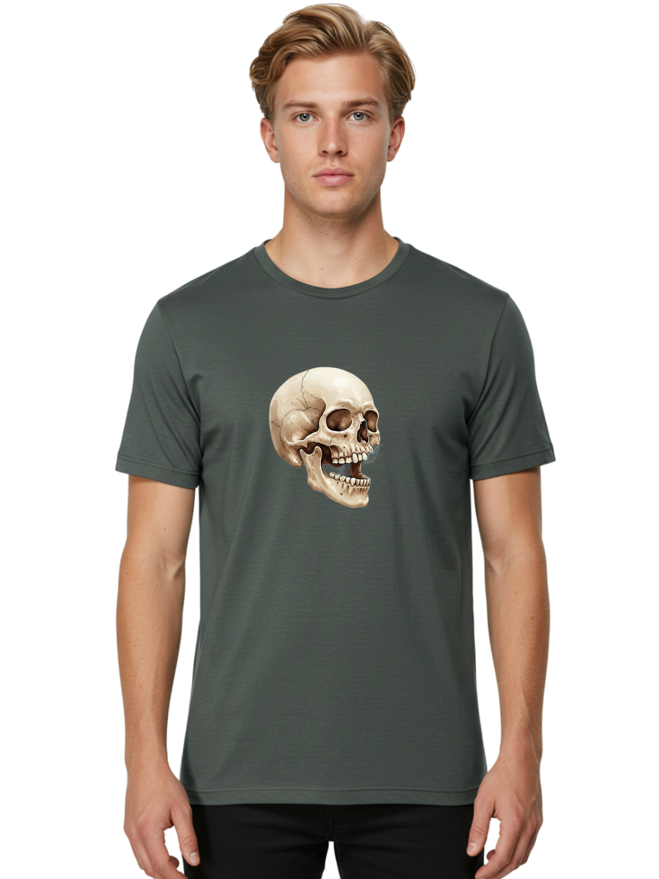 Skull Men'S Graphic Tee, 100% Cotton, Comfortable Casual Summer Wear, Machine Washable, Human Skull, Skeletal Head, Jawbone, Teeth, Anatomy, Bones, Forensic Science, Medical Illustration, Skull Structure Bad627 25