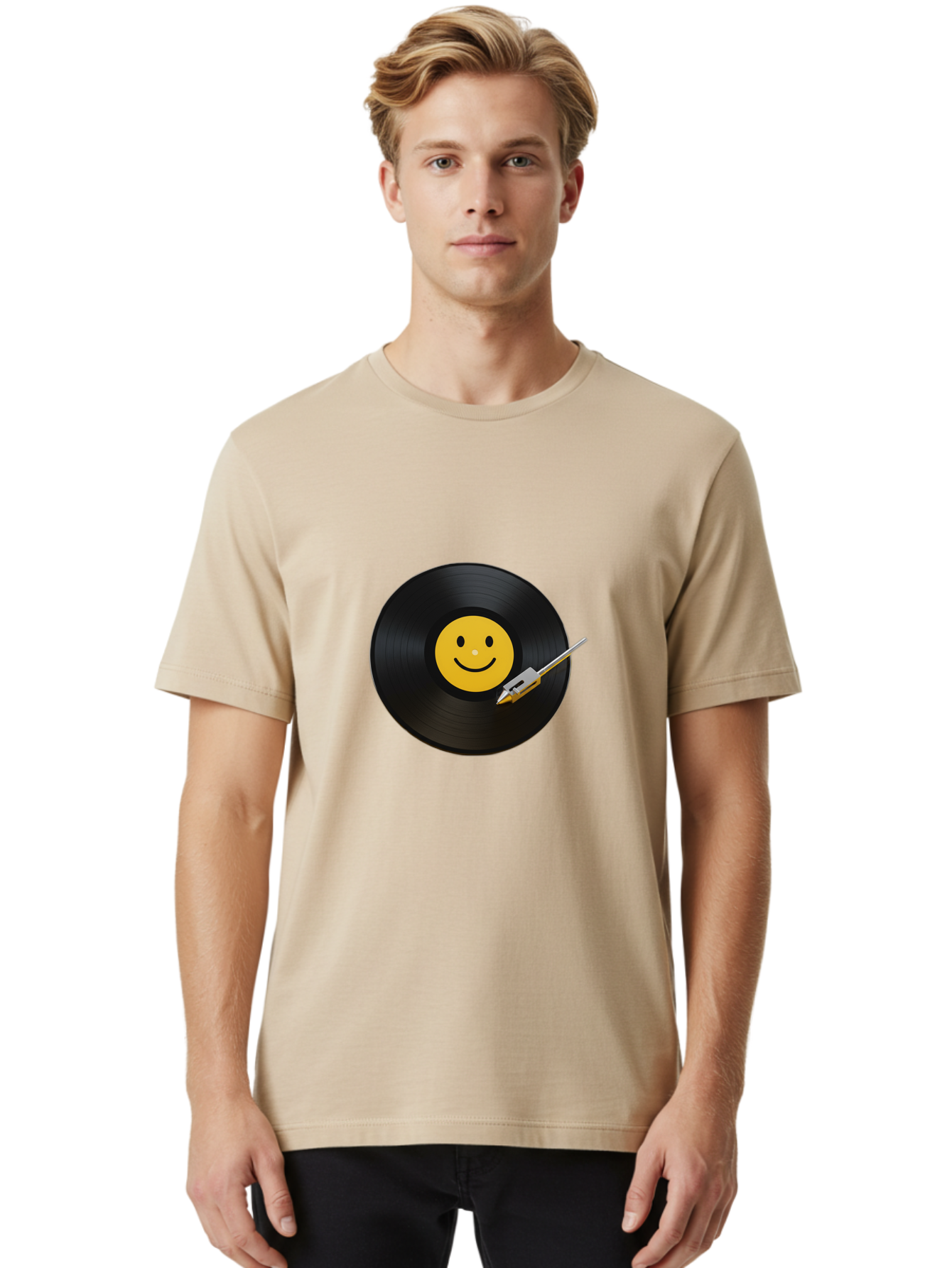 Smiley-Vinyl-Record Men'S Graphic Tee, 100% Cotton, Comfortable Casual Summer Wear, Machine Washable, Vinyl Record, Smiley Face, Music, Gramophone Needle, Retro Design, Happy Vibes, Music Lover, Record Player, Nostalgic Feel, Emoticon Bad634 29