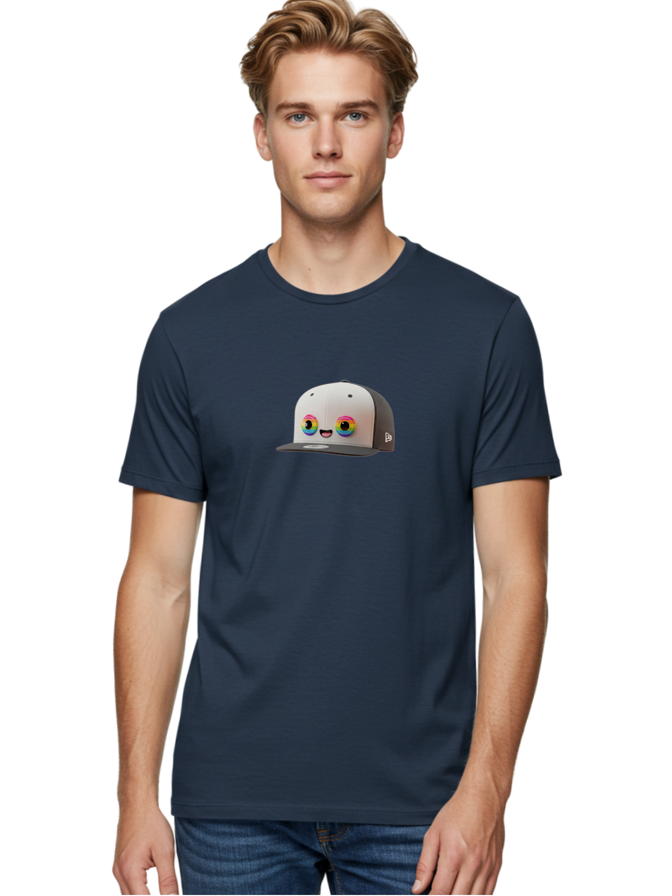 Smiling-Baseball-Cap Men'S Graphic Tee, 100% Cotton, Comfortable Casual Summer Wear, Machine Washable, Baseball Cap, Cartoon Eyes, Bright Colors, New Era Logo, Funny Face, Smiling Hat, Animated Character, Rainbow Eyes, Casual Wear, Bad635 26