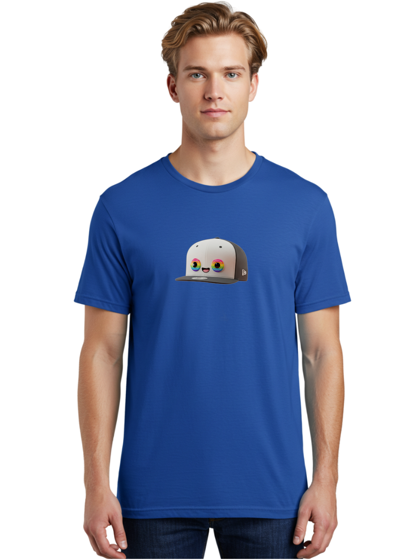 Smiling-Baseball-Cap Men'S Graphic Tee, 100% Cotton, Comfortable Casual Summer Wear, Machine Washable, Baseball Cap, Cartoon Eyes, Bright Colors, New Era Logo, Funny Face, Smiling Hat, Animated Character, Rainbow Eyes, Casual Wear, Bad635 17