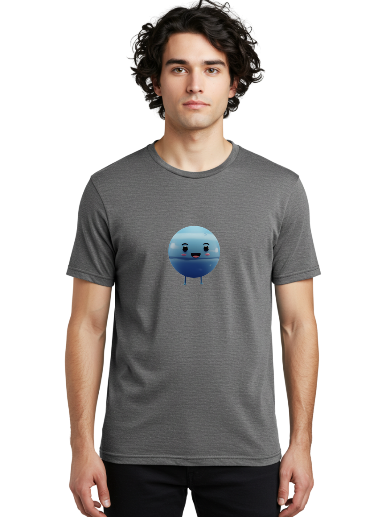 Smiling-Earth Men'S Graphic Tee, 100% Cotton, Comfortable Casual Summer Wear, Machine Washable, Water Droplet Character, Cute Cartoon Illustration, Blue Water Droplet, Happy Face, Rosy Cheeks, Funny Animation, Playful Vibe, Smiling Water Drop Bad637 23