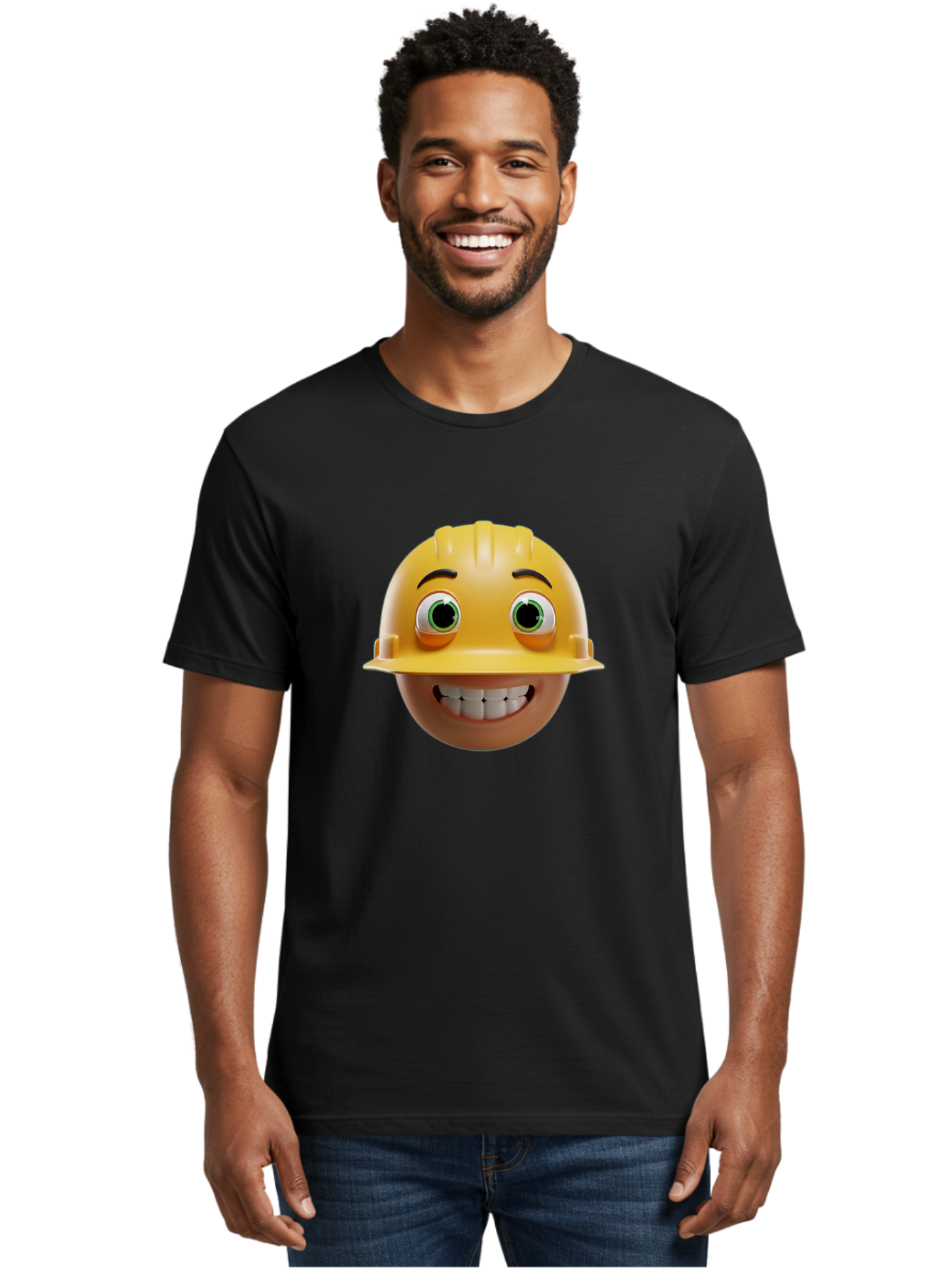 Smiling-Face-With-Hard-Hat Men'S Graphic Tee, 100% Cotton, Comfortable Casual Summer Wear, Machine Washable, Construction Worker, Happy Face, Yellow Hard Hat, Emoji Character, Cartoon Style, Funny Expression, Big Smile, Construction Theme, Bad638 19