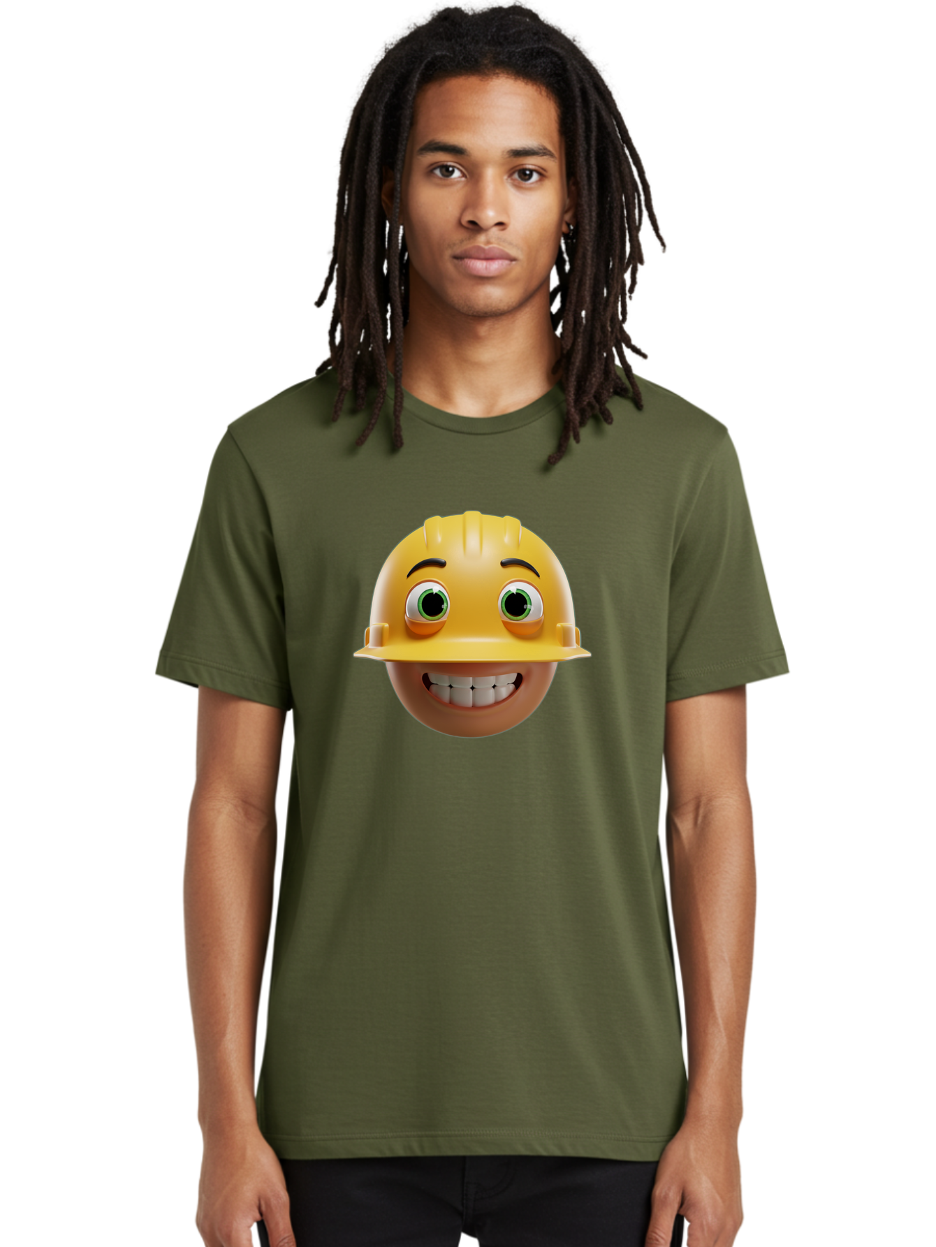 Smiling-Face-With-Hard-Hat Men'S Graphic Tee, 100% Cotton, Comfortable Casual Summer Wear, Machine Washable, Construction Worker, Happy Face, Yellow Hard Hat, Emoji Character, Cartoon Style, Funny Expression, Big Smile, Construction Theme, Bad638 25