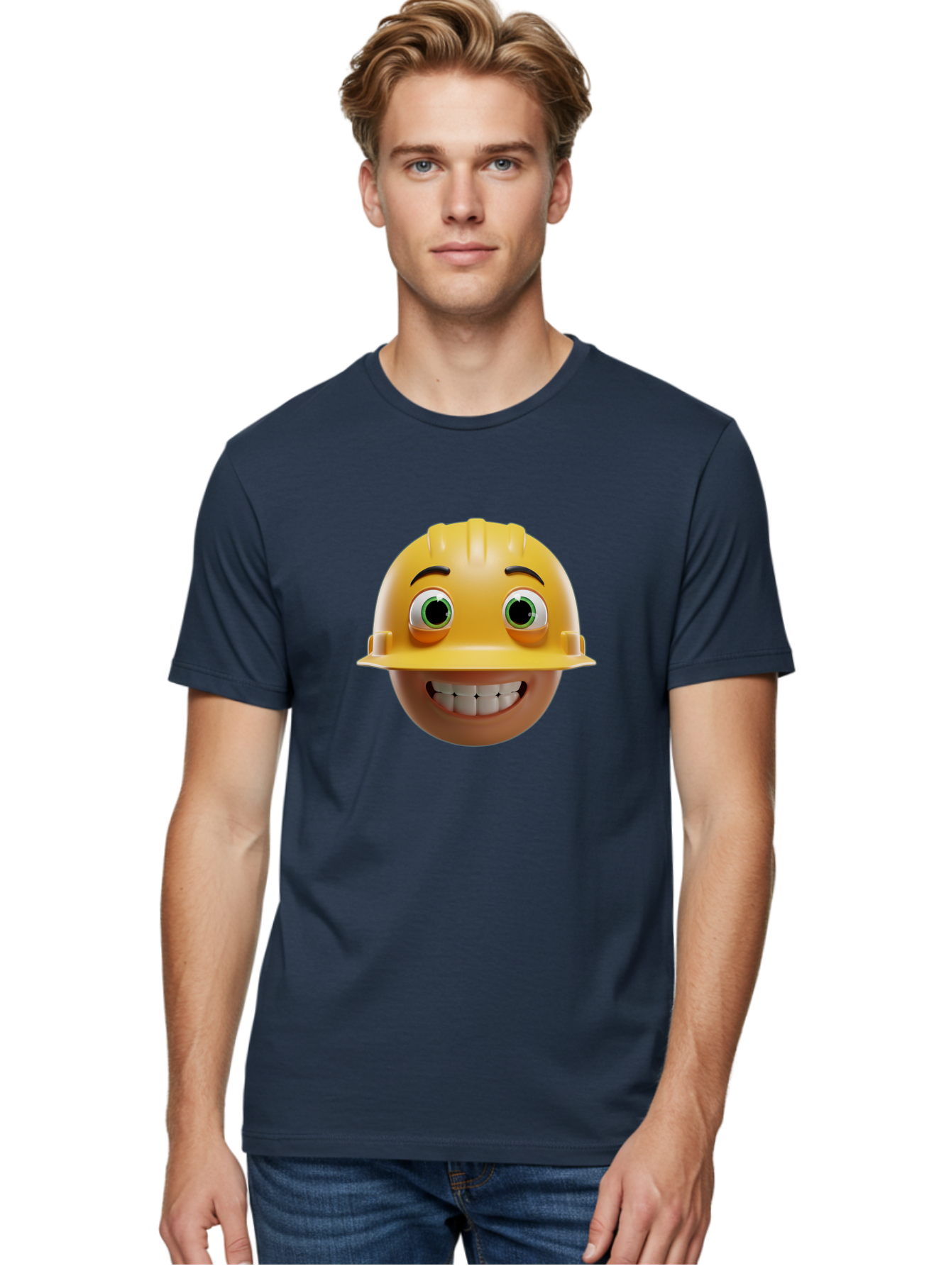 Smiling-Face-With-Hard-Hat Men'S Graphic Tee, 100% Cotton, Comfortable Casual Summer Wear, Machine Washable, Construction Worker, Happy Face, Yellow Hard Hat, Emoji Character, Cartoon Style, Funny Expression, Big Smile, Construction Theme, Bad638 26