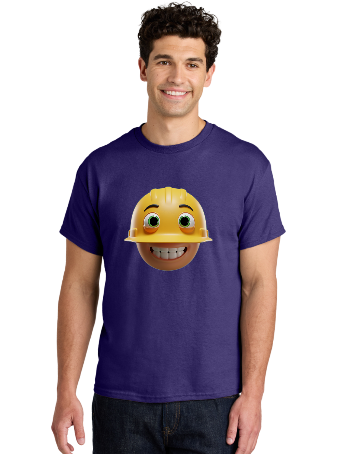 Smiling-Face-With-Hard-Hat Men'S Graphic Tee, 100% Cotton, Comfortable Casual Summer Wear, Machine Washable, Construction Worker, Happy Face, Yellow Hard Hat, Emoji Character, Cartoon Style, Funny Expression, Big Smile, Construction Theme, Bad638 16