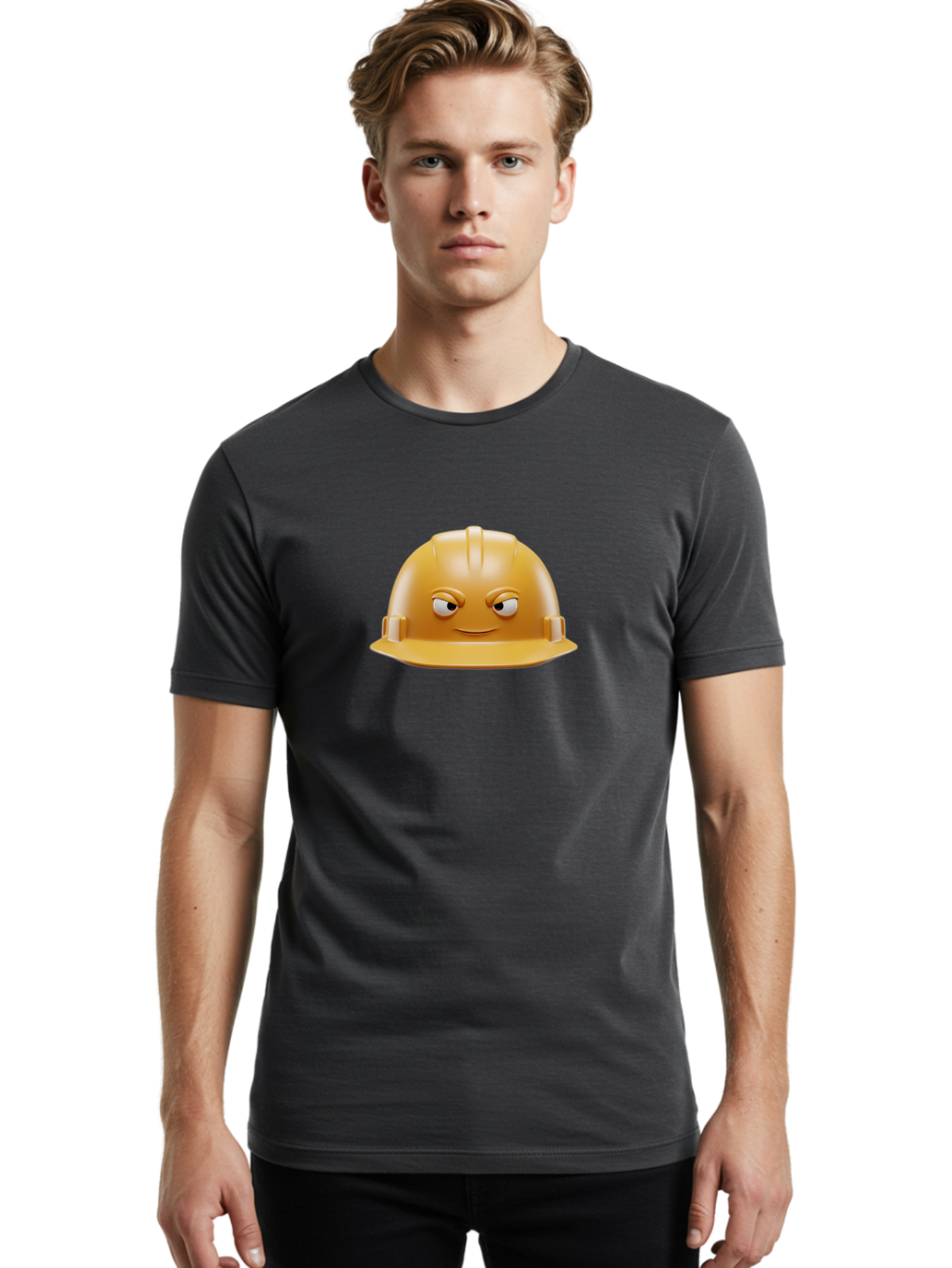 Smiling-Hard-Hat-1 Men'S Graphic Tee, 100% Cotton, Comfortable Casual Summer Wear, Machine Washable, Construction Hard Hat, Safety Helmet, Cartoon Character, Funny Face, Smiling Eyes, Building Industry, Workplace Safety, Security Gear, Bad643 24