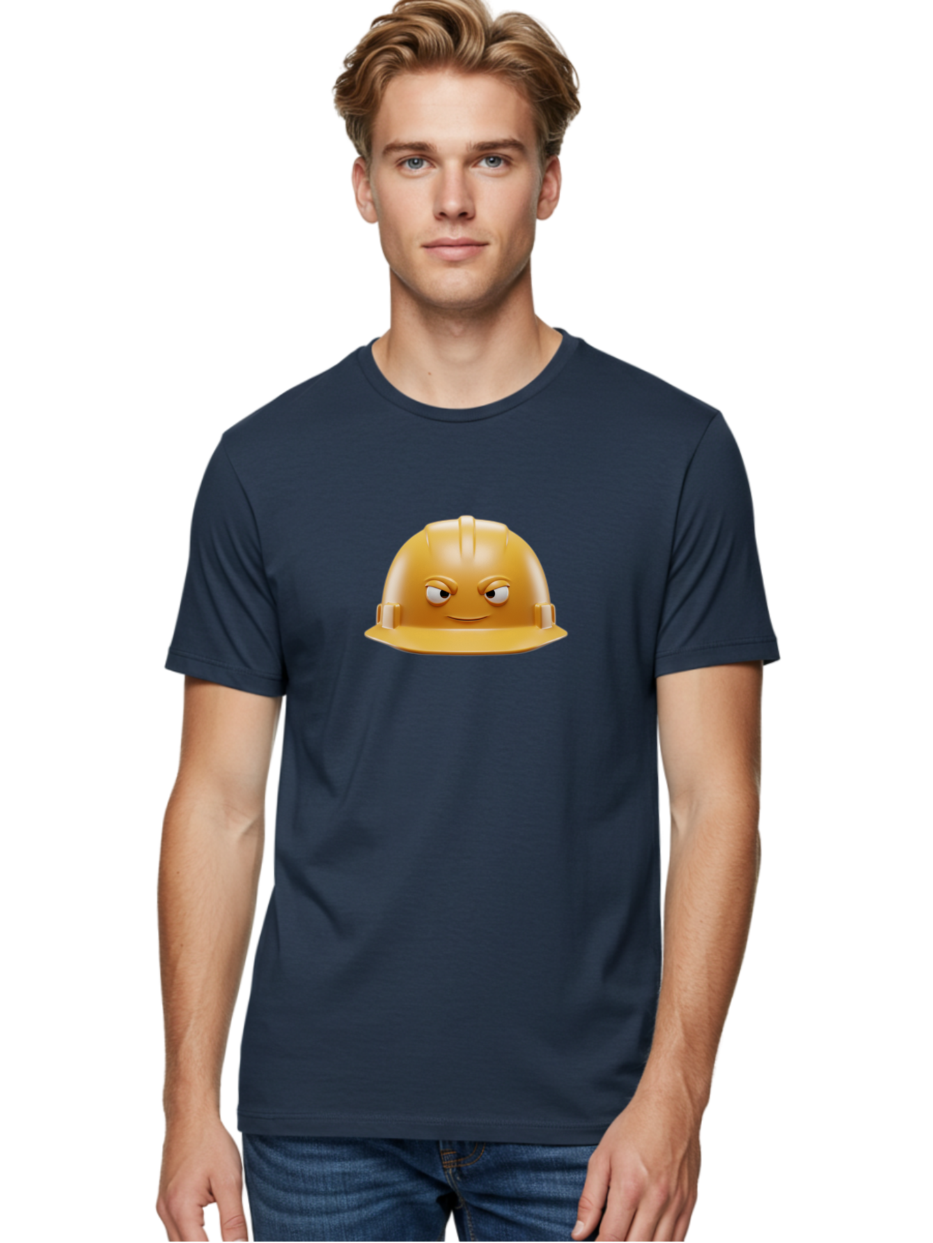 Smiling-Hard-Hat-1 Men'S Graphic Tee, 100% Cotton, Comfortable Casual Summer Wear, Machine Washable, Construction Hard Hat, Safety Helmet, Cartoon Character, Funny Face, Smiling Eyes, Building Industry, Workplace Safety, Security Gear, Bad643 19