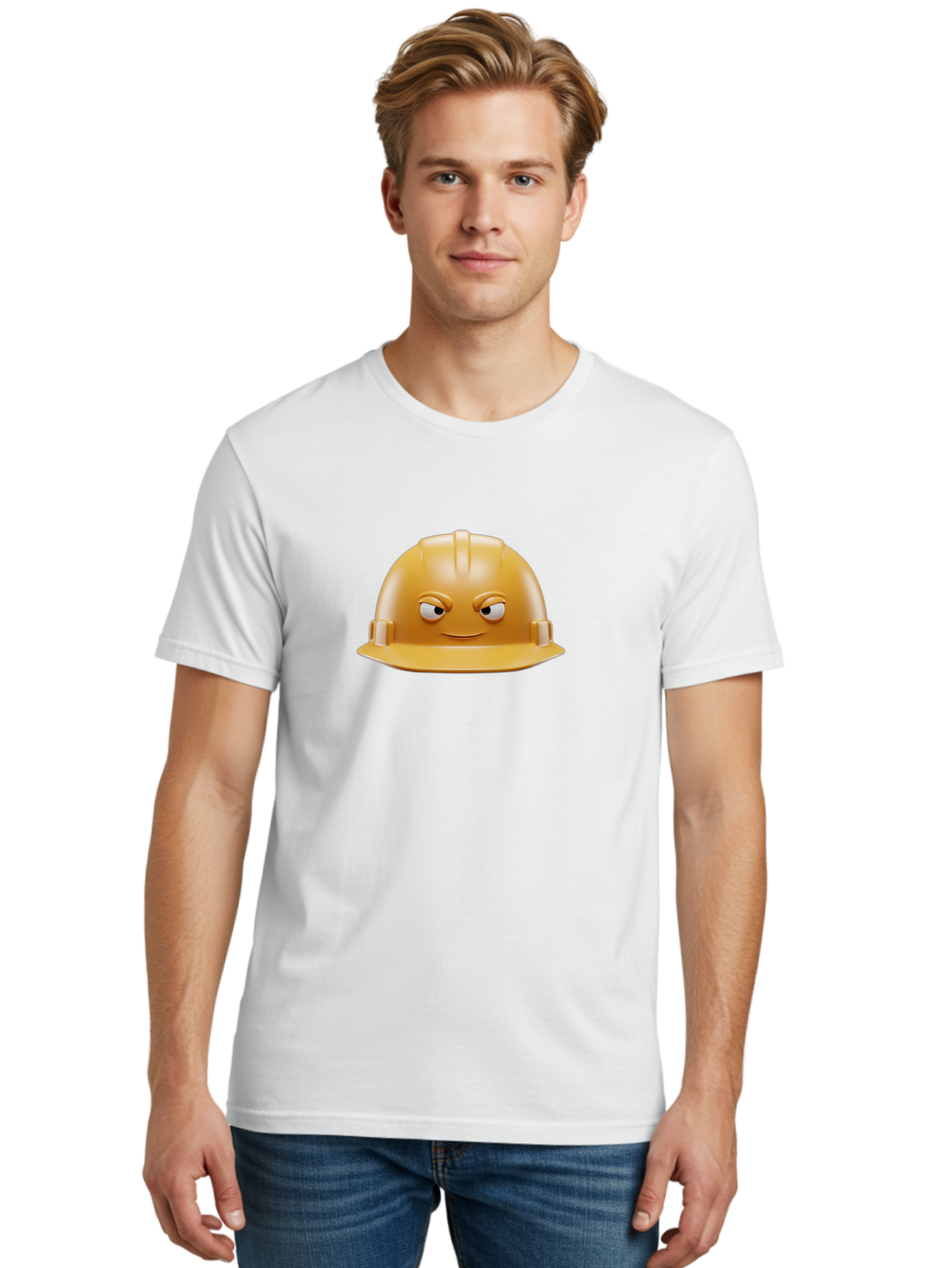 Smiling-Hard-Hat-1 Men'S Graphic Tee, 100% Cotton, Comfortable Casual Summer Wear, Machine Washable, Construction Hard Hat, Safety Helmet, Cartoon Character, Funny Face, Smiling Eyes, Building Industry, Workplace Safety, Security Gear, Bad643 22