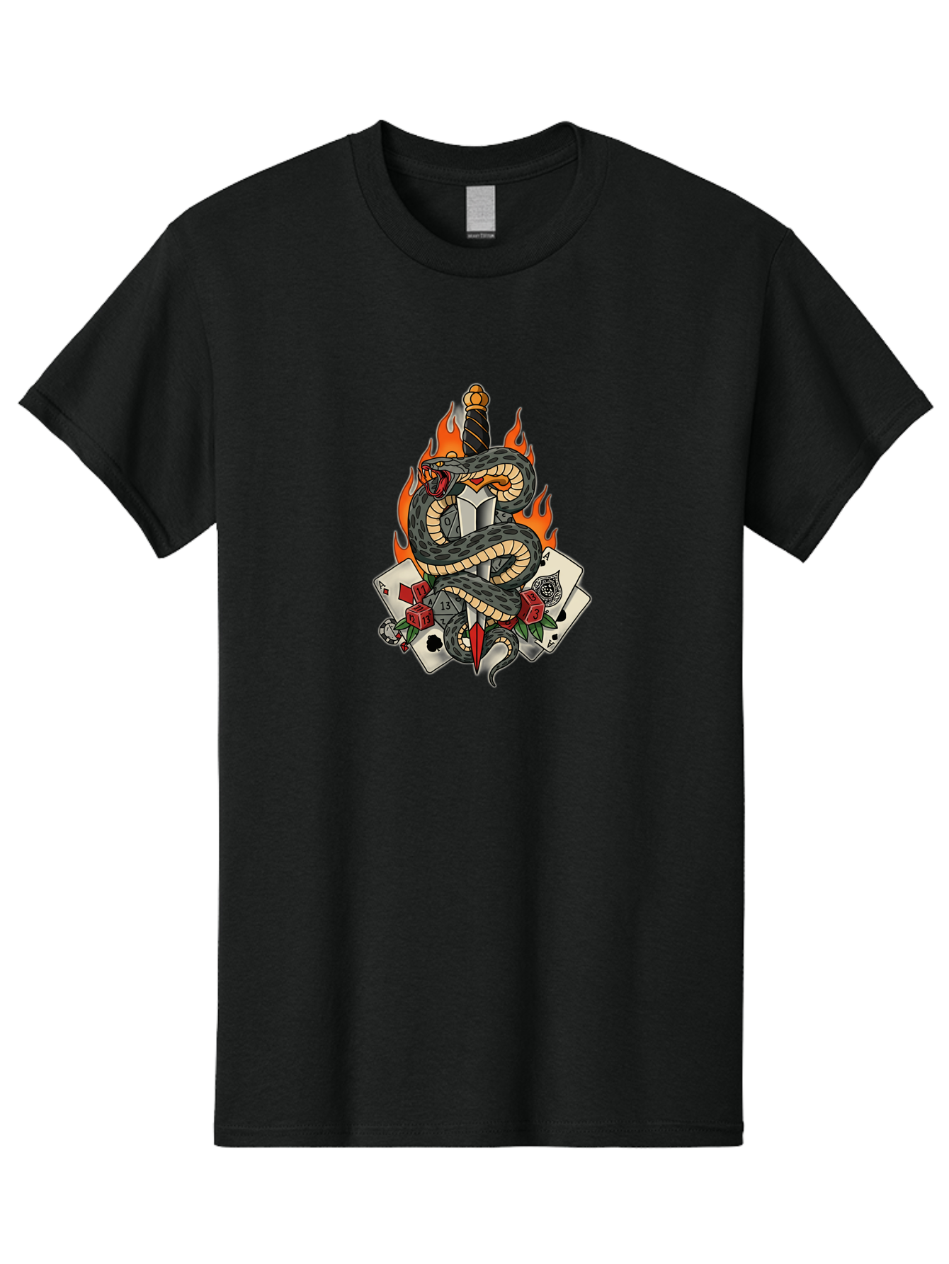 Snake-Dagger-Tattoo Men'S Graphic Tee, 100% Cotton, Comfortable Casual Summer Wear, Machine Washable, Snake Wrapped Dagger, Playing Cards, Red Dice, Skull, Flames, Tattoo Art, Traditional Tattoo, Bold Lines, Vibrant Colors, Dagger With Snake, Bad651 2