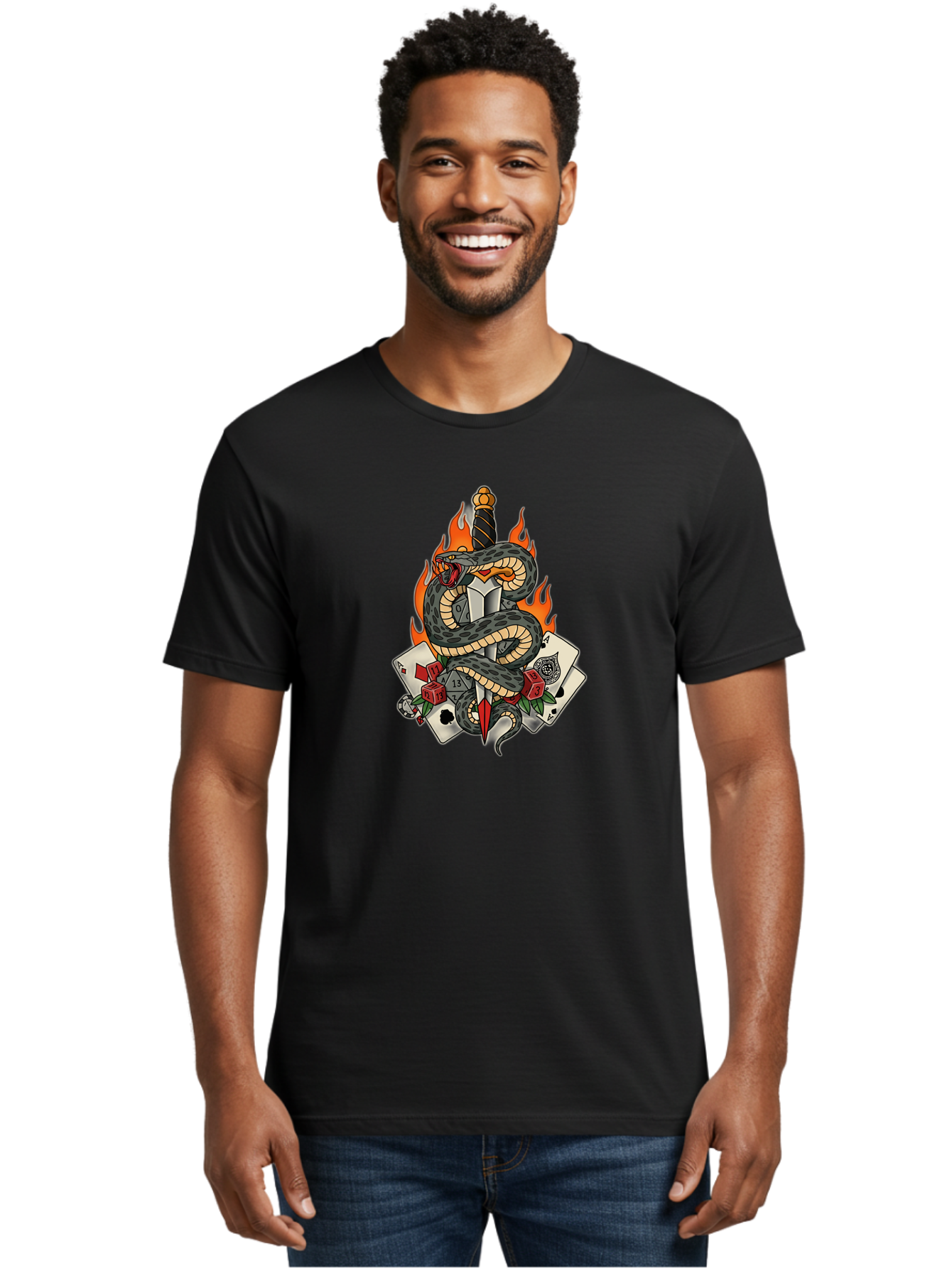 Snake-Dagger-Tattoo Men'S Graphic Tee, 100% Cotton, Comfortable Casual Summer Wear, Machine Washable, Snake Wrapped Dagger, Playing Cards, Red Dice, Skull, Flames, Tattoo Art, Traditional Tattoo, Bold Lines, Vibrant Colors, Dagger With Snake, Bad651 17