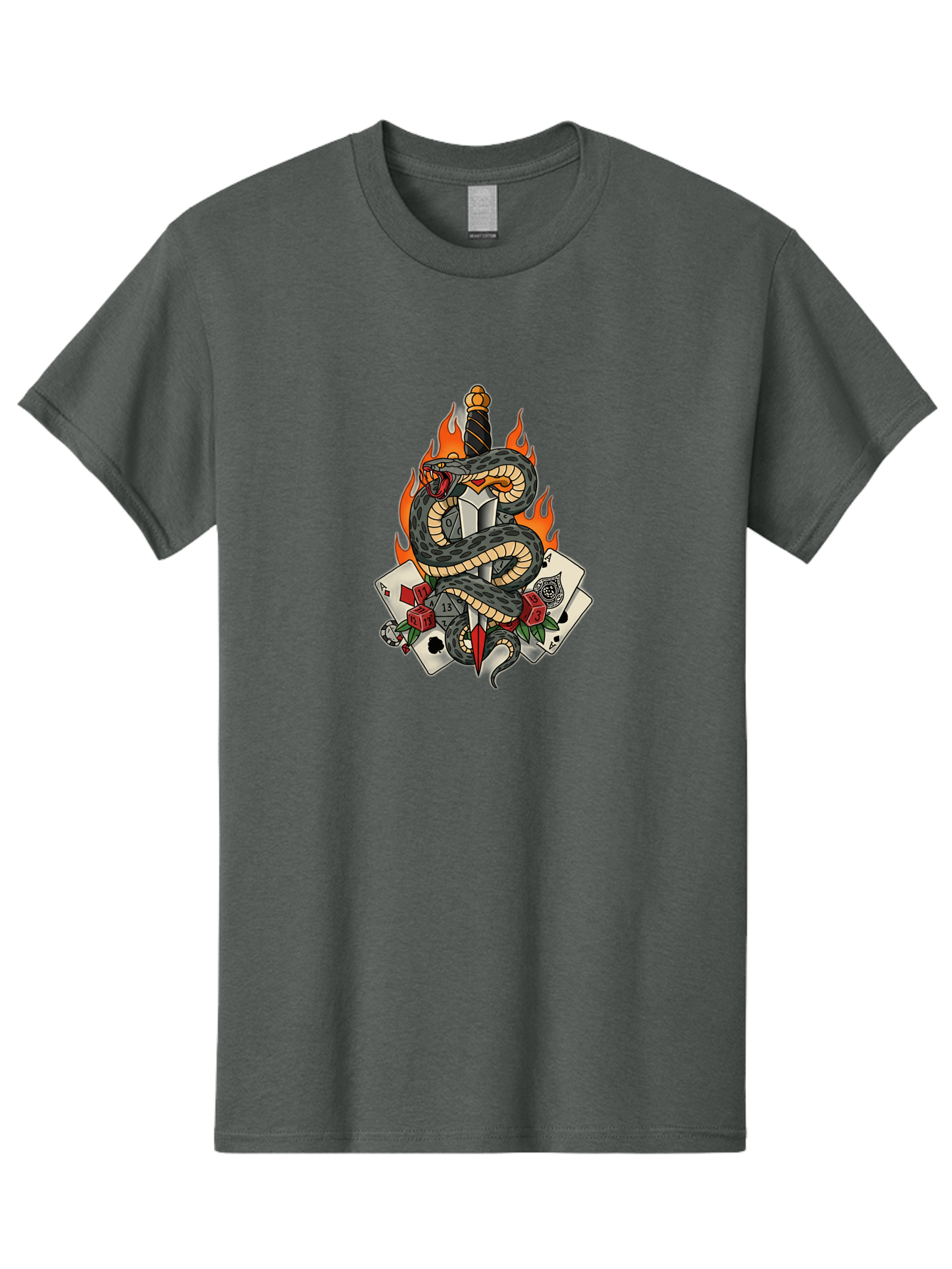 Snake-Dagger-Tattoo Men'S Graphic Tee, 100% Cotton, Comfortable Casual Summer Wear, Machine Washable, Snake Wrapped Dagger, Playing Cards, Red Dice, Skull, Flames, Tattoo Art, Traditional Tattoo, Bold Lines, Vibrant Colors, Dagger With Snake, Bad651 6