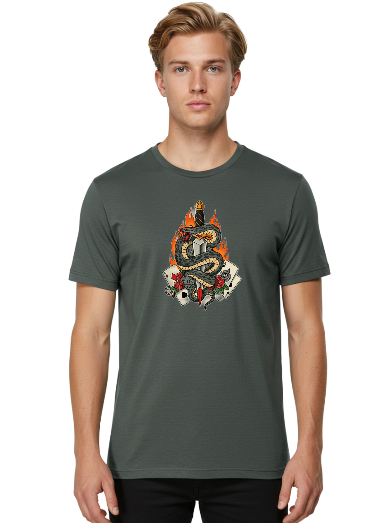 Snake-Dagger-Tattoo Men'S Graphic Tee, 100% Cotton, Comfortable Casual Summer Wear, Machine Washable, Snake Wrapped Dagger, Playing Cards, Red Dice, Skull, Flames, Tattoo Art, Traditional Tattoo, Bold Lines, Vibrant Colors, Dagger With Snake, Bad651 21