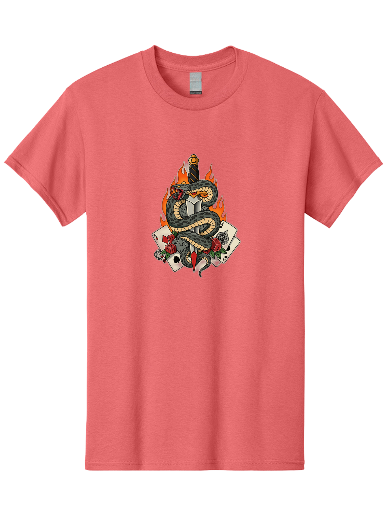 Snake-Dagger-Tattoo Men'S Graphic Tee, 100% Cotton, Comfortable Casual Summer Wear, Machine Washable, Snake Wrapped Dagger, Playing Cards, Red Dice, Skull, Flames, Tattoo Art, Traditional Tattoo, Bold Lines, Vibrant Colors, Dagger With Snake, Bad651 8
