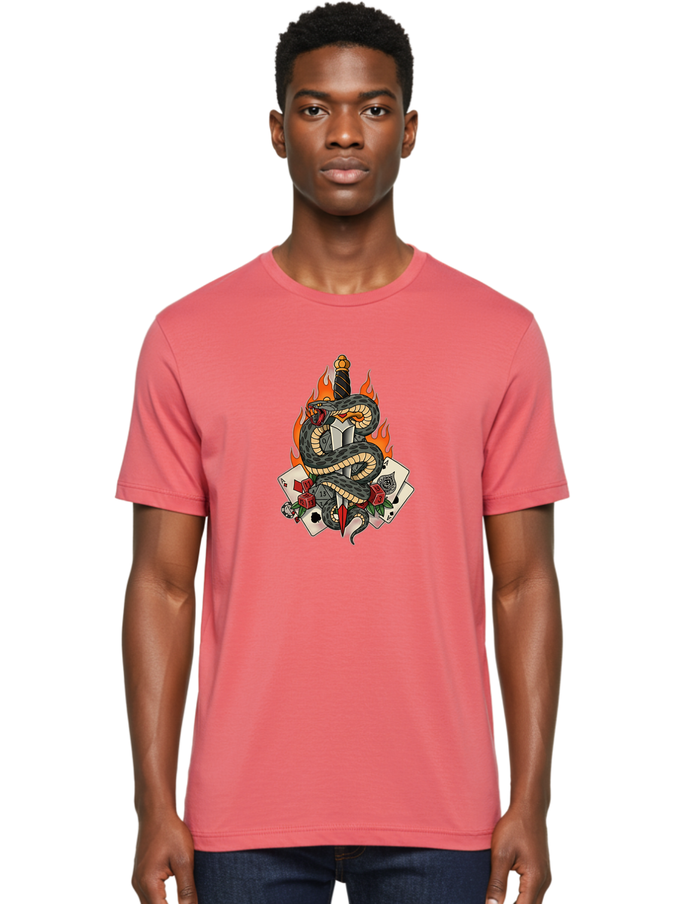 Snake-Dagger-Tattoo Men'S Graphic Tee, 100% Cotton, Comfortable Casual Summer Wear, Machine Washable, Snake Wrapped Dagger, Playing Cards, Red Dice, Skull, Flames, Tattoo Art, Traditional Tattoo, Bold Lines, Vibrant Colors, Dagger With Snake, Bad651 23