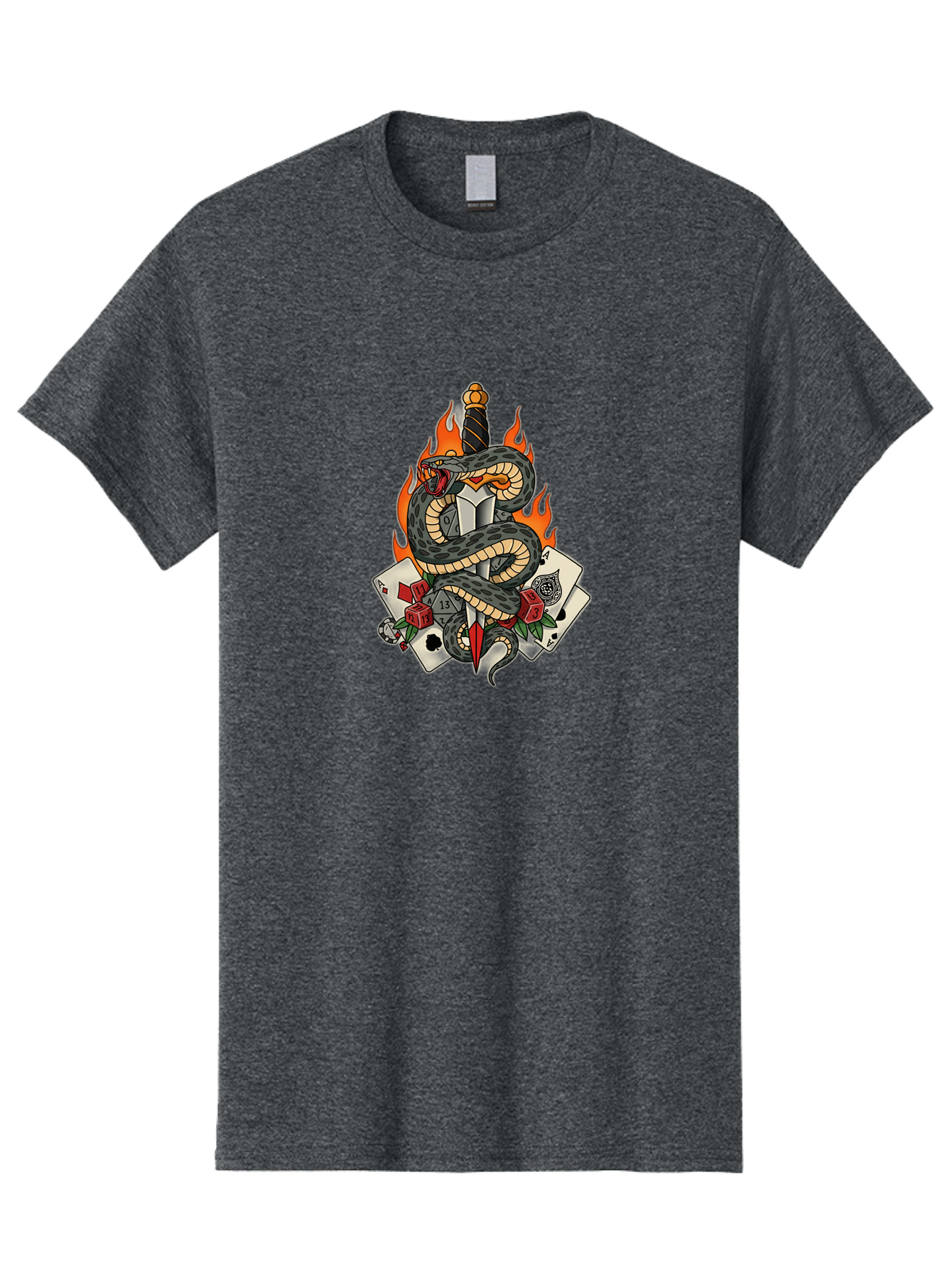 Snake-Dagger-Tattoo Men'S Graphic Tee, 100% Cotton, Comfortable Casual Summer Wear, Machine Washable, Snake Wrapped Dagger, Playing Cards, Red Dice, Skull, Flames, Tattoo Art, Traditional Tattoo, Bold Lines, Vibrant Colors, Dagger With Snake, Bad651 14