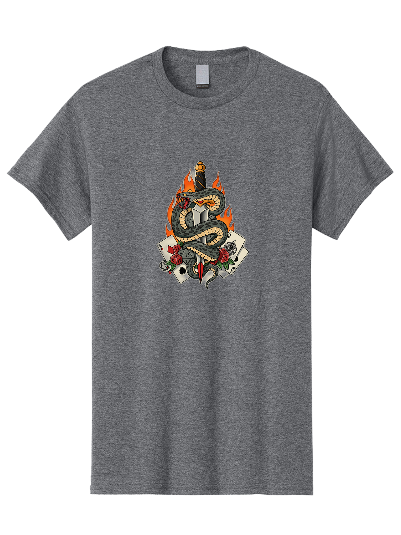 Snake-Dagger-Tattoo Men'S Graphic Tee, 100% Cotton, Comfortable Casual Summer Wear, Machine Washable, Snake Wrapped Dagger, Playing Cards, Red Dice, Skull, Flames, Tattoo Art, Traditional Tattoo, Bold Lines, Vibrant Colors, Dagger With Snake, Bad651 11
