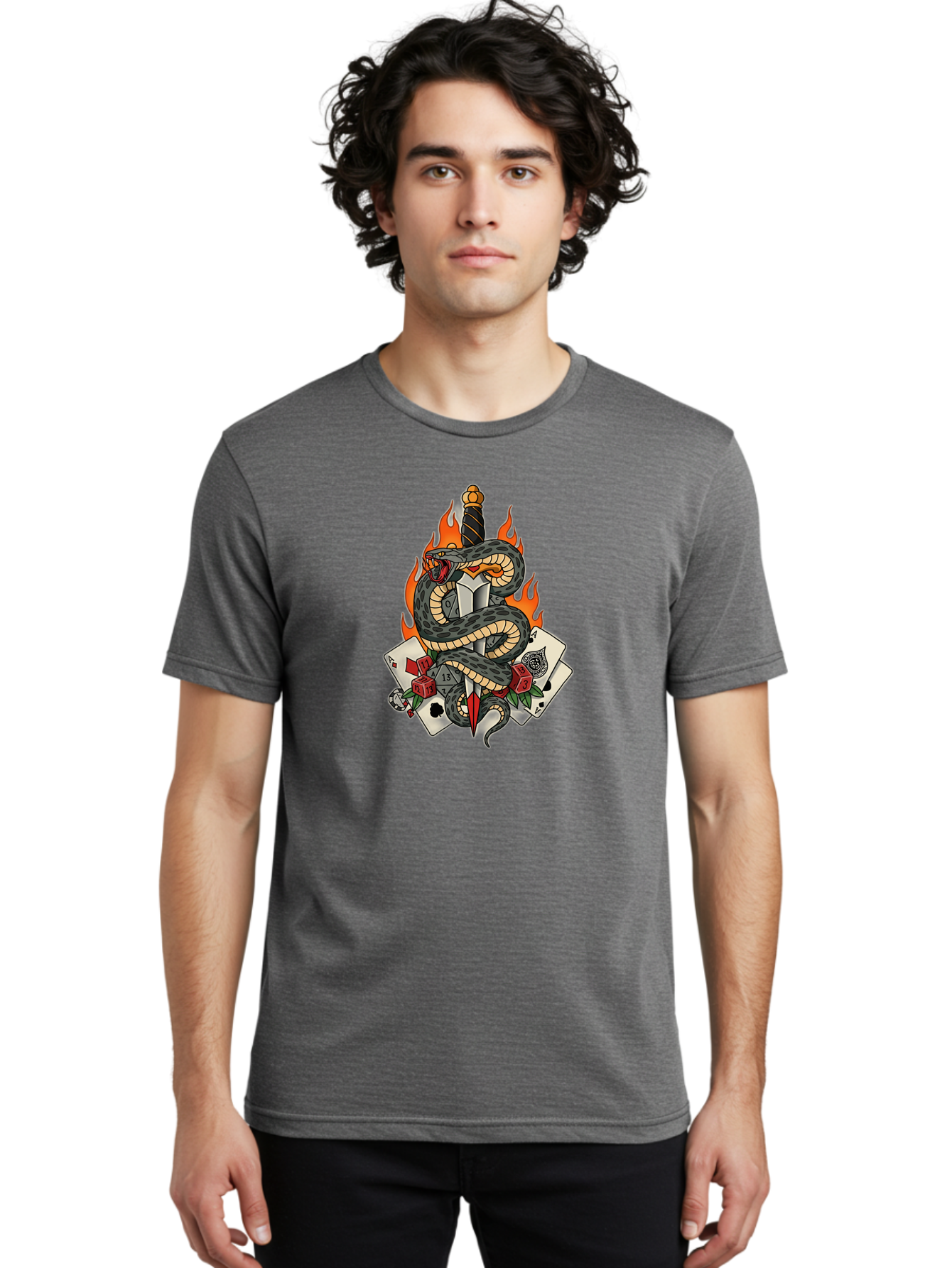 Snake-Dagger-Tattoo Men'S Graphic Tee, 100% Cotton, Comfortable Casual Summer Wear, Machine Washable, Snake Wrapped Dagger, Playing Cards, Red Dice, Skull, Flames, Tattoo Art, Traditional Tattoo, Bold Lines, Vibrant Colors, Dagger With Snake, Bad651 26