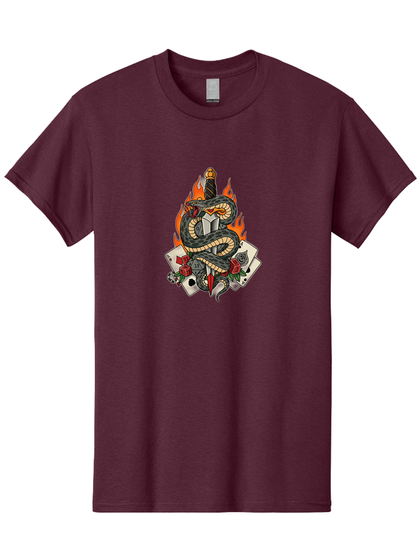 Snake-Dagger-Tattoo Men'S Graphic Tee, 100% Cotton, Comfortable Casual Summer Wear, Machine Washable, Snake Wrapped Dagger, Playing Cards, Red Dice, Skull, Flames, Tattoo Art, Traditional Tattoo, Bold Lines, Vibrant Colors, Dagger With Snake, Bad651 7