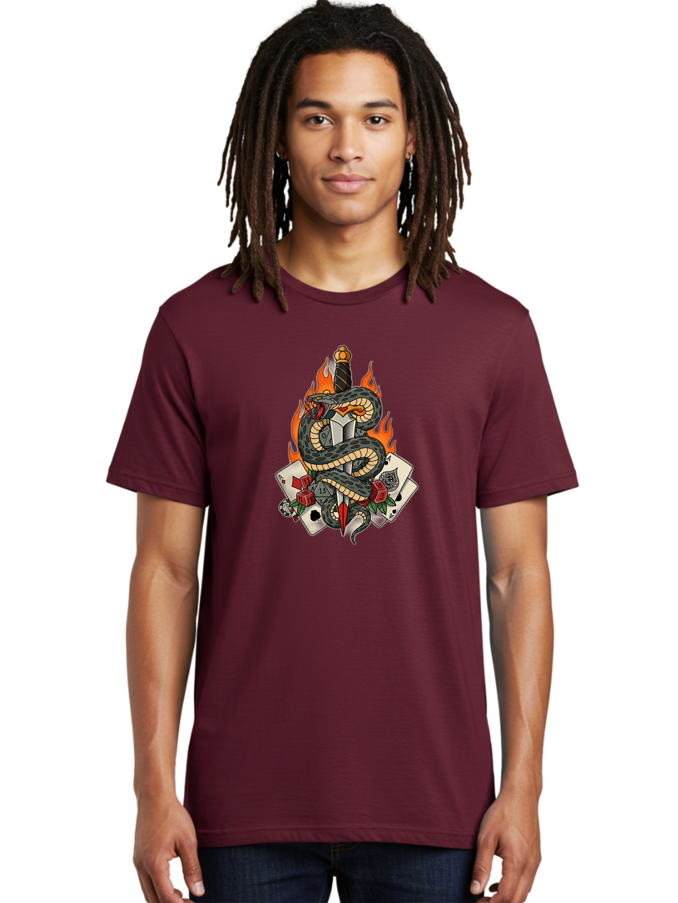 Snake-Dagger-Tattoo Men'S Graphic Tee, 100% Cotton, Comfortable Casual Summer Wear, Machine Washable, Snake Wrapped Dagger, Playing Cards, Red Dice, Skull, Flames, Tattoo Art, Traditional Tattoo, Bold Lines, Vibrant Colors, Dagger With Snake, Bad651 22